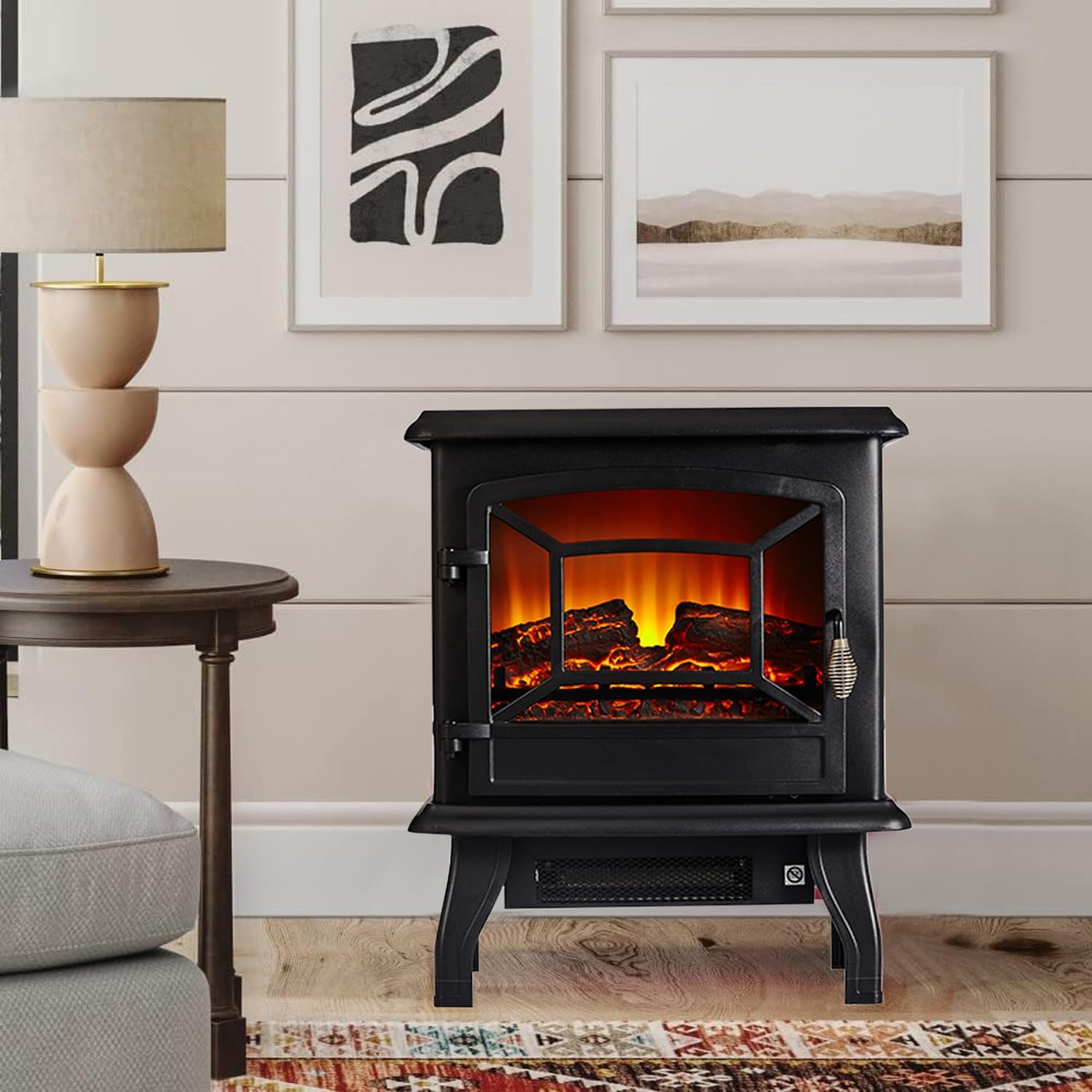 Freestanding Electric Stove with Heater Fire Place Flame Effect,Fireplace Log Wood Burner Effect 1800W-2000W (Black, Style A).