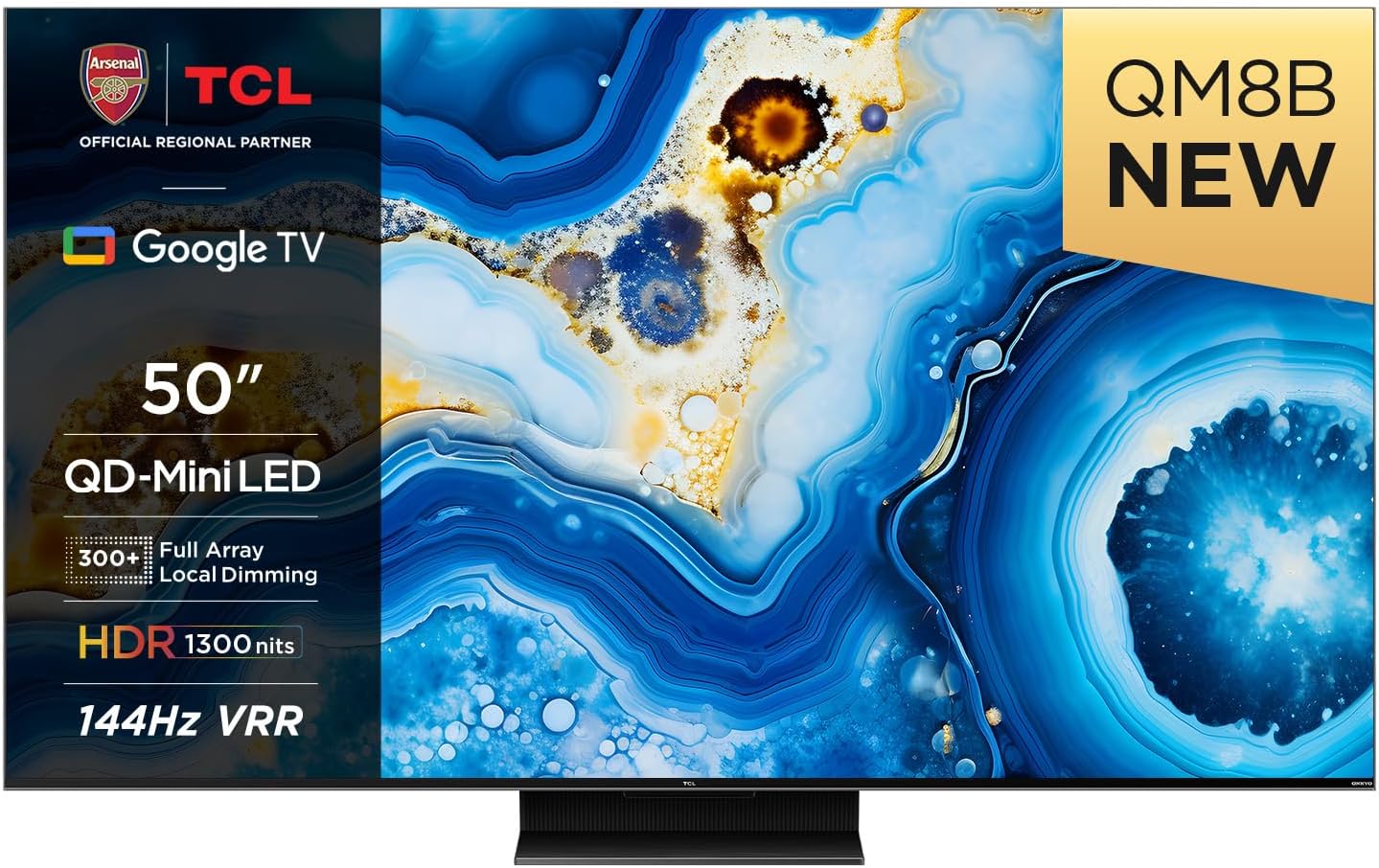 TCL 50QM8B 50-inch QLED Mini LED TV, 4K HDR Premium 1300nits, Smart TV Powered by Google TV (Dolby Vision & Atmos, Onkyo 2.0 sound system, 144Hz Motion Clarity Pro, Hands-Free Voice Control) Black.