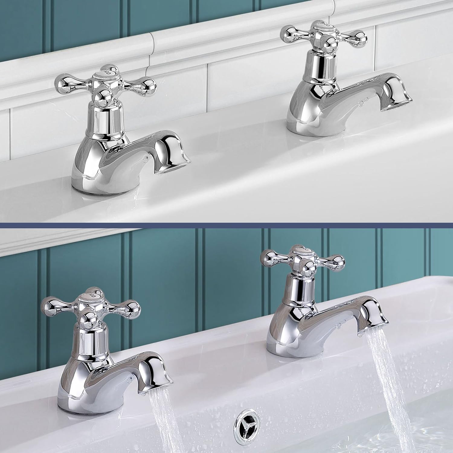 Nes Home | Victorian Hot & Cold Basin and Bath Taps Set Chrome Traditional Handle Bathroom Sink.