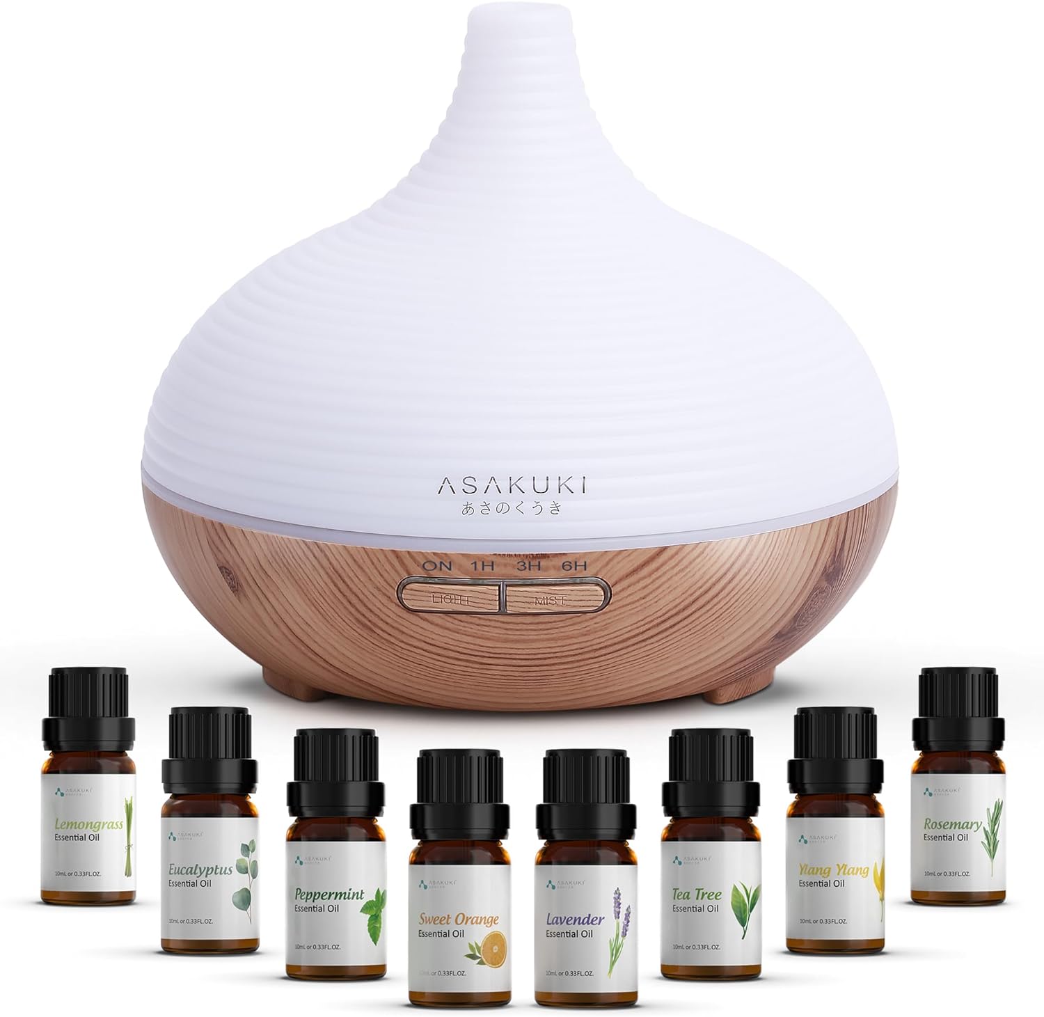 ASAKUKI 300ml Essential Oil Diffuser, Premium 5 In 1 Ultrasonic Aromatherapy Scented Oil Diffuser Vaporizer Humidifier, Timer and Auto-Off, 7 LED Light Colors-Yellow.