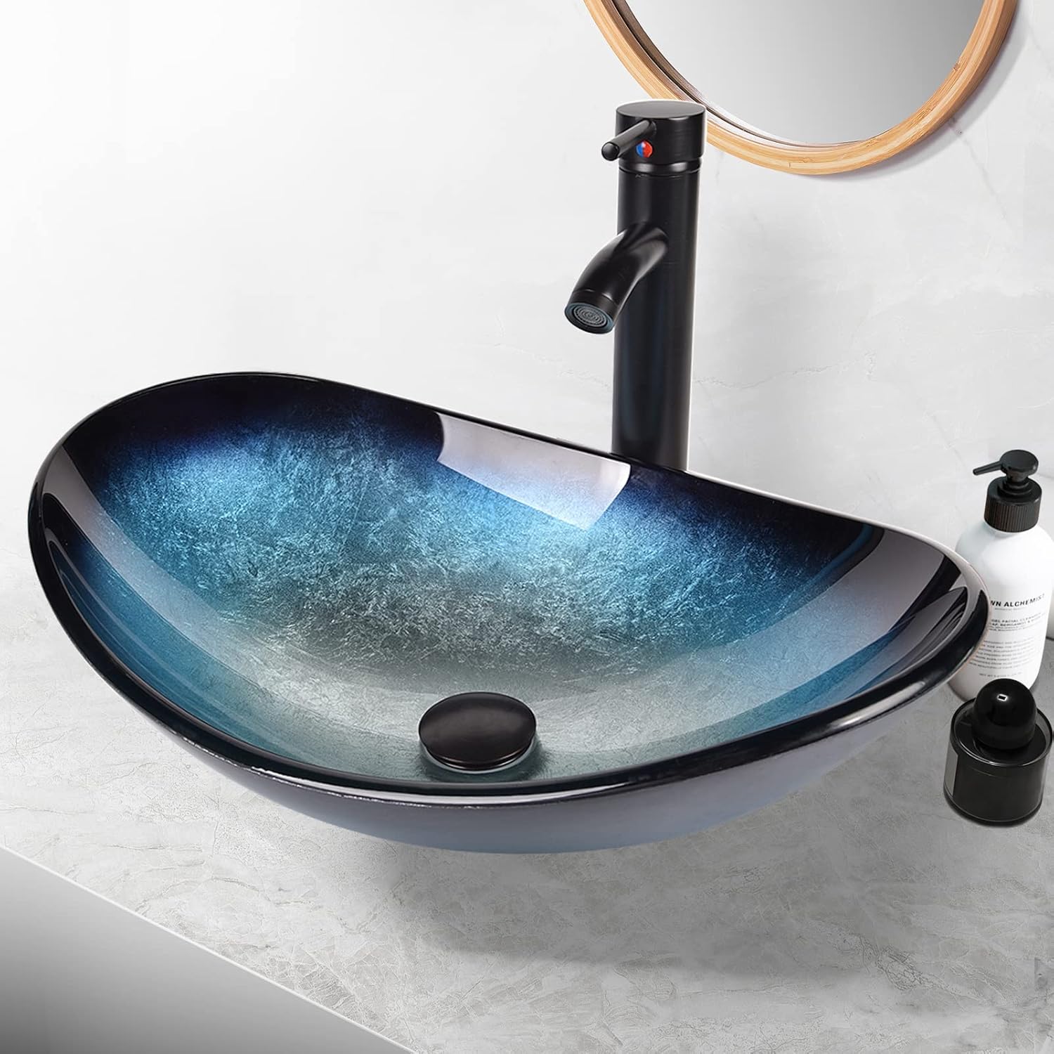 ARTETHYS Bathroom Sink, Countertop Wash Basin, Glass Vessel Washing Bowl Set with Tap, Cabinet Counter Top Sink with Faucet Pop-up Drain and Water Pipe for Vanity Cabinet Cloakroom, Oval Blue.