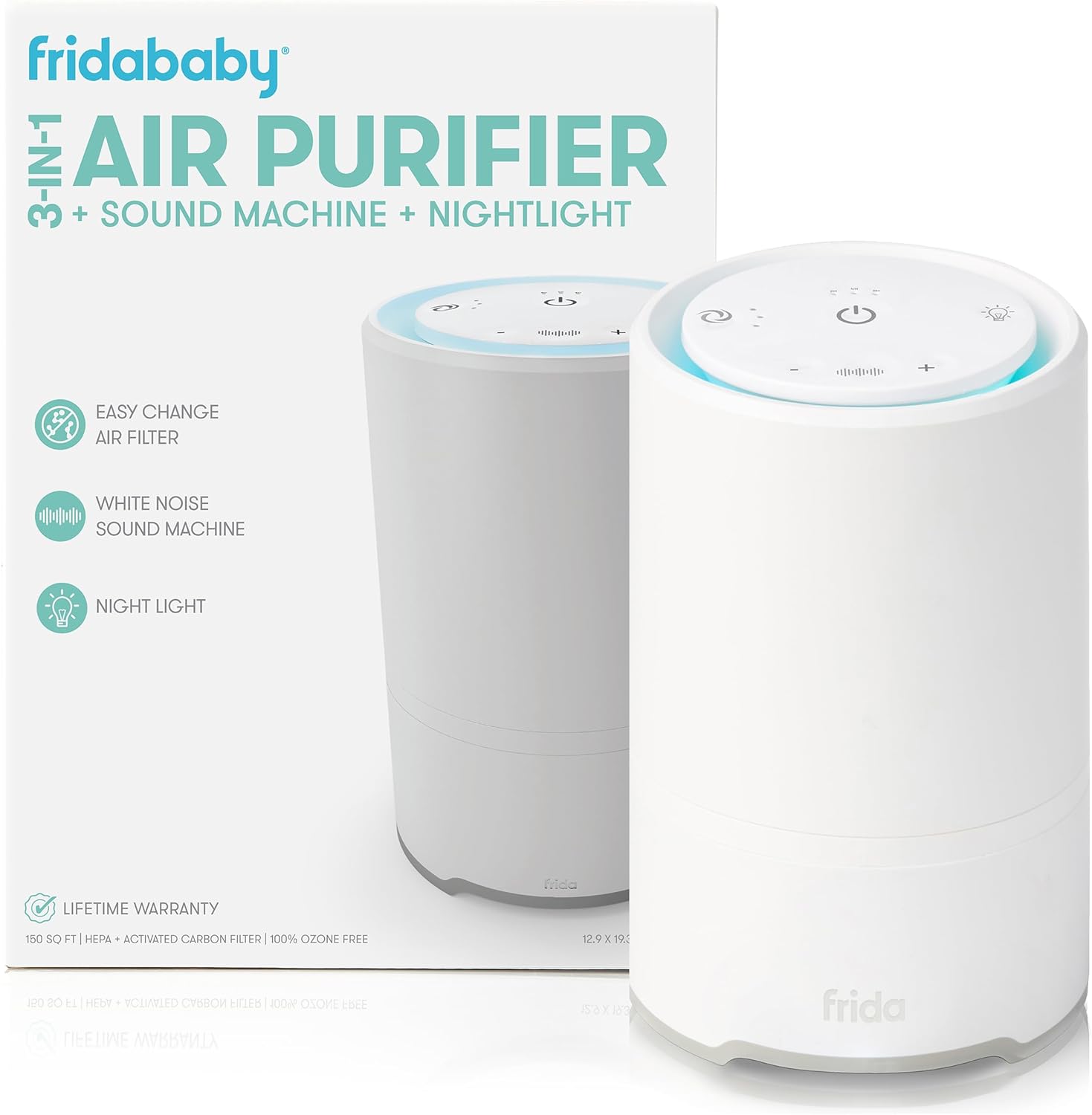 Frida Baby 3-in-1 Baby Sound Machine for Sleeping: Nightlight + Air Purifier for Bedroom with 3 Fan Speeds, Easy-Change Filter, Auto-Off Timer.