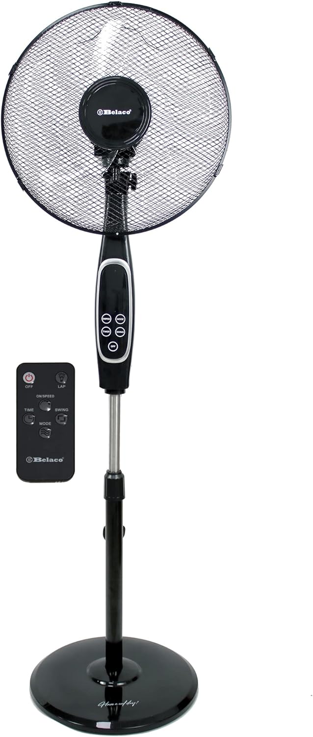 Belaco Stand Fan Pedestal fan 16" Oscillating Free Stand Fan Floor fan, 7.5 Hour Timer, Remote Control 45W adjustable height.