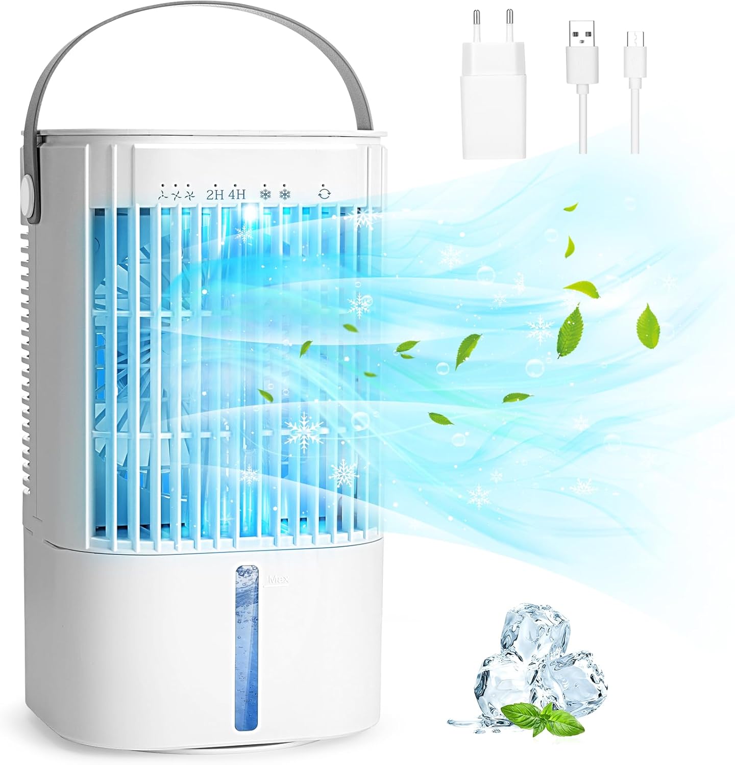 RenFox Portable Air Conditioner, Mini Air Cooler, USB 5 in 1 Desktop Evaporative Personal Air Conditioning, 3 Speeds & 7 LED Lights & 2 Spray Mist & Timer Air Cooling Fan for Home Office Dorm Indoors.