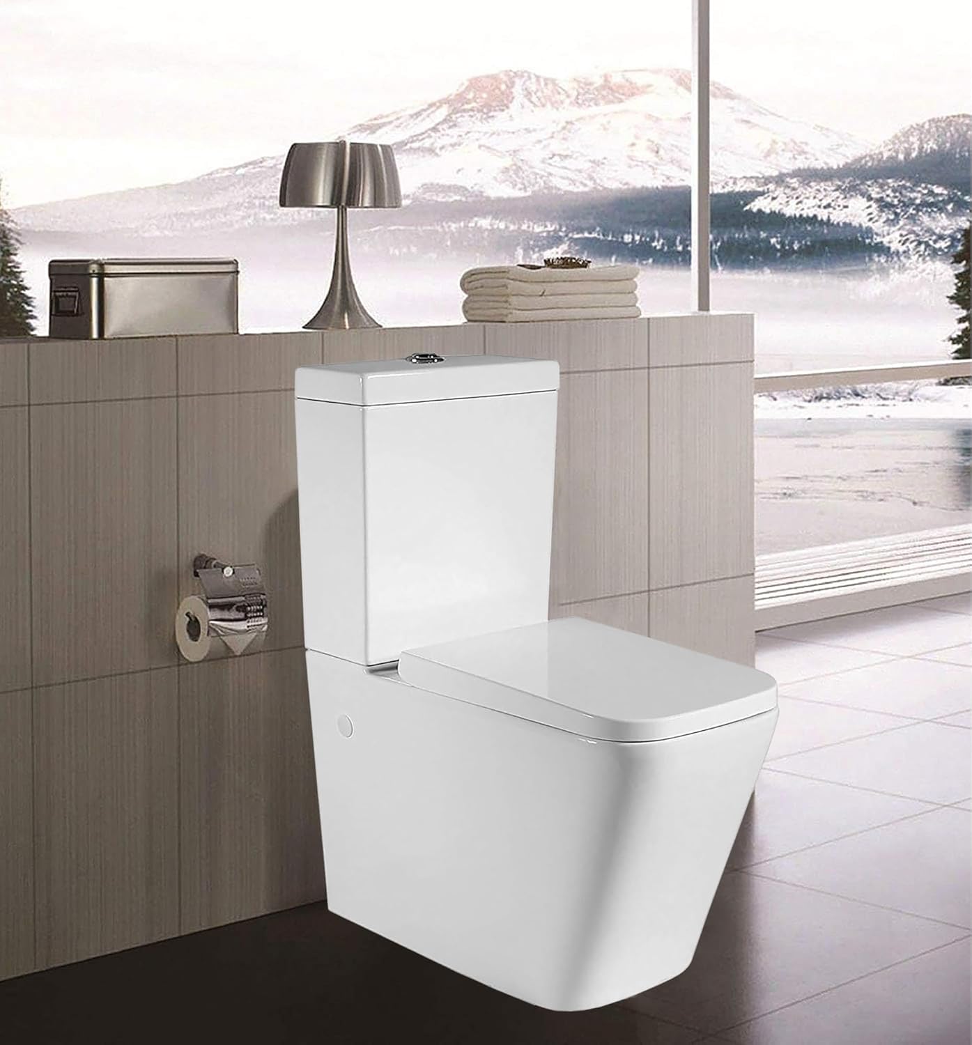 Rimless Close Coupled Toilet Back to Wall Bathroom Toilets White Ceramic WC Pan Soft Close Seat & Dual Flush Cistern Modern Square Elongated Toilet Elegant Eco Flush WC.