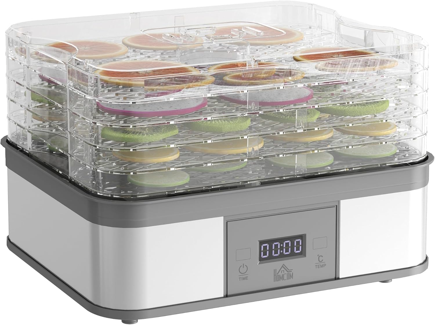 HOMCOM 5 Tier Food Dehydrator, 245W Stainless Steel Food Dryer Machine with Adjustable Temperature, Timer and LCD Display for Drying Fruit, Meat, Vegetable, Jerky and Pet Treat, White.