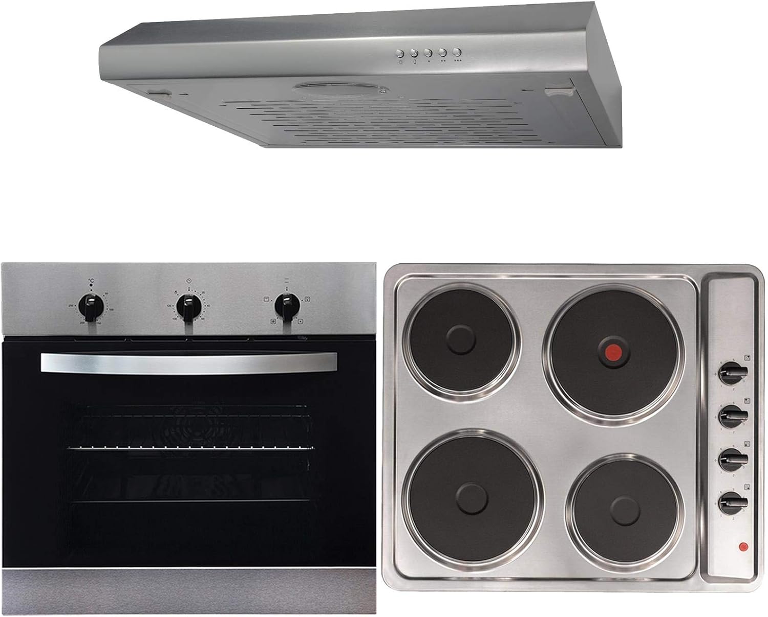 SIA 60cm Electric True Fan Single Oven, 4 Zone Plate Hob & Visor Cooker Hood Fan.