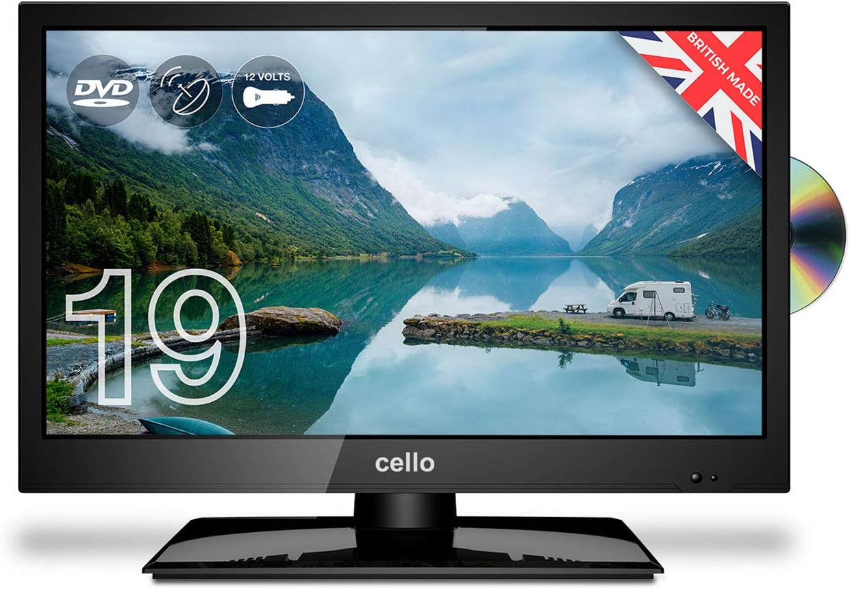 Cello 12 Volt 19" inch ZRTMF0291 Traveller LED Digital TV Built-in DVD Freeview HD and 12 volt Adaptor, Built in satellite receiver with HDMI and USB for recording from Live TV, Made In The UK.