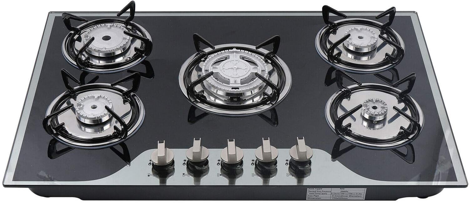 5 Burner Gas Cooker NG/LPG Built-in Gas Hob 51cm Width Stainless Steel Glass Cooktop Easy Cleaning.