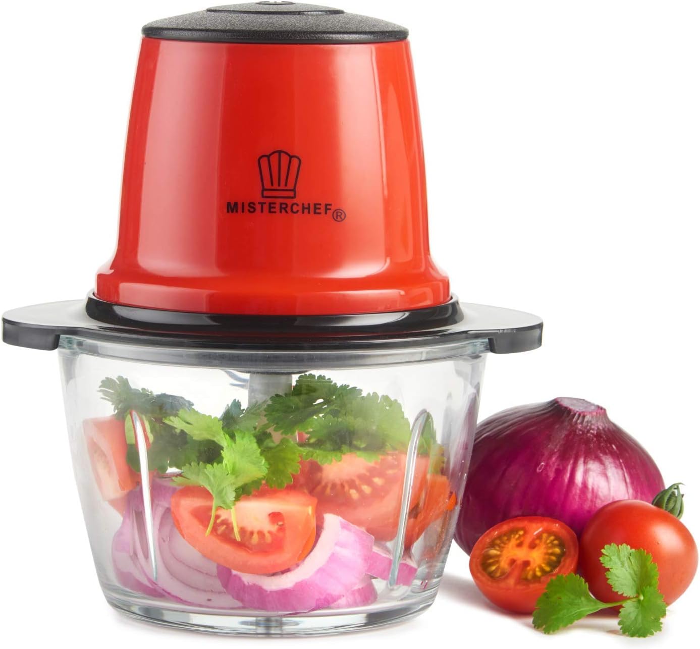 MisterChef Red Mini Chopper, Blender, Food Processor, 3 bi-Level Blades - Energy Saver 200W with Turbo - 1.5L Food Capacity Glass Bowl - 2 Year Warranty - Metallic Red.