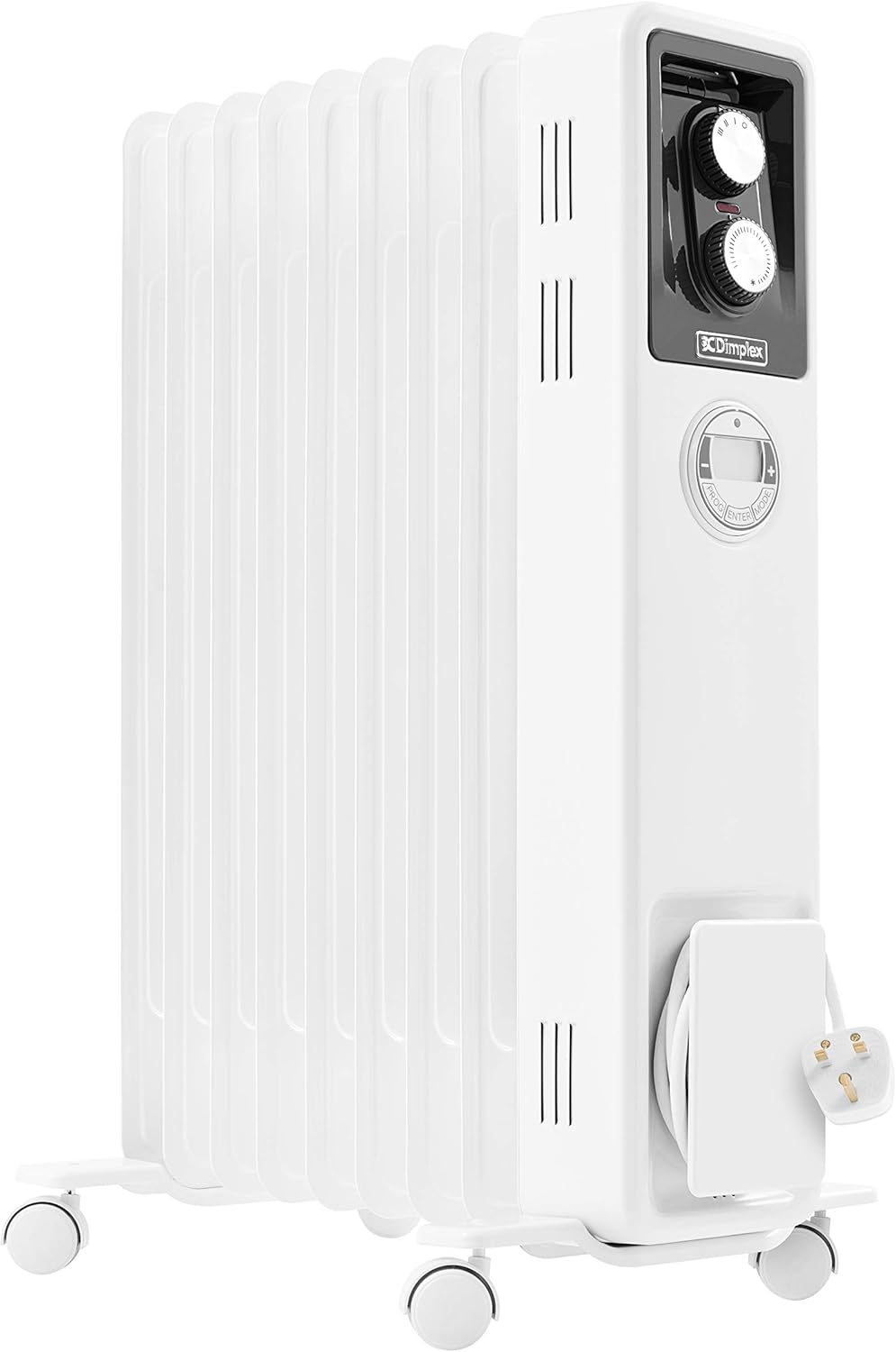 Dimplex 2kW Oil filled radiator with electronic 24 hour timer, LCD screen, thermostat and 3 heat settings, X-078070, White.