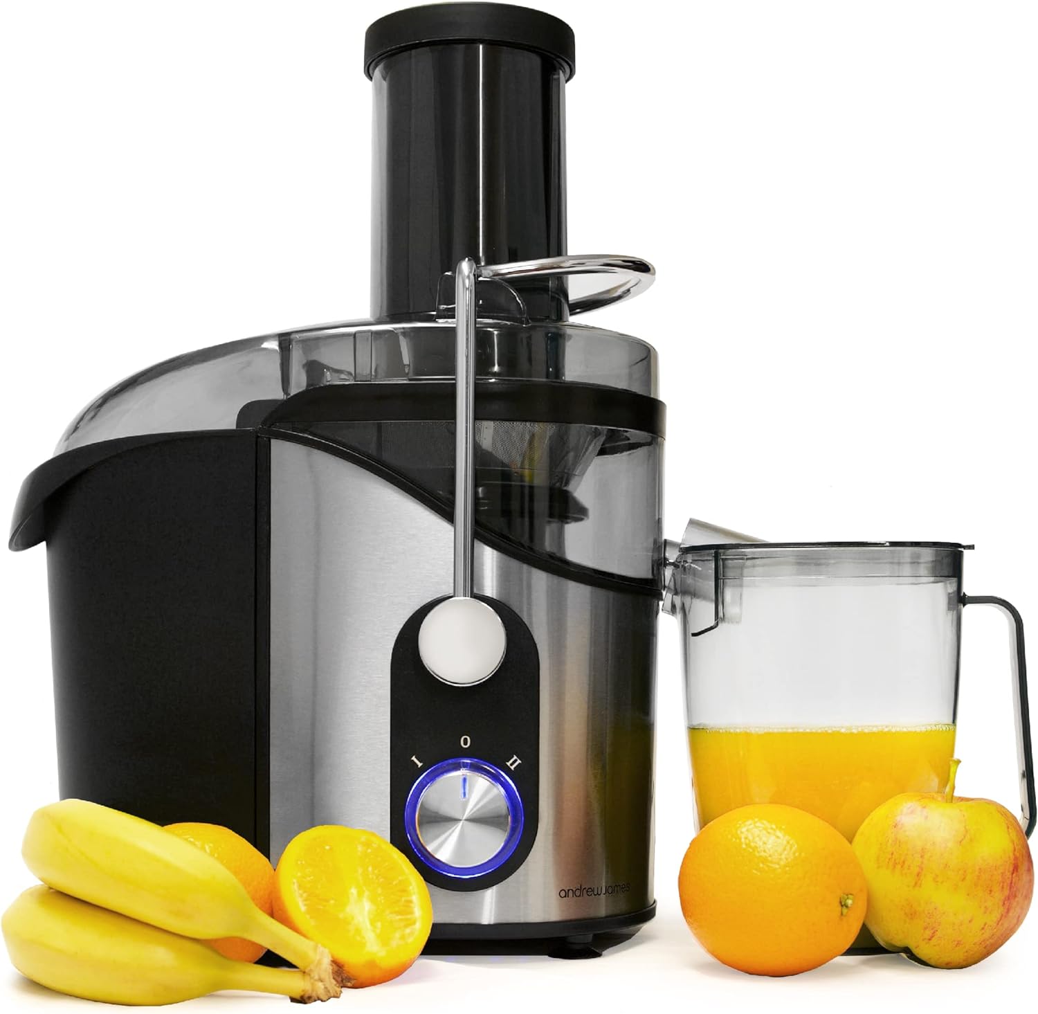 Andrew James Centrifugal Power Juicer 800W Power | Two Speed Electric Whole Fruit Juicer | Integrated Juice & Pulp Collectors | Easy to Clean | Safety Lock | Healthy Juices | Extra Wide Chute.