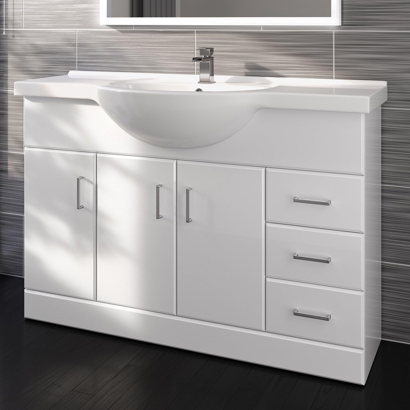 1200mm White Gloss Basin Vanity Unit Sink Cabinet Bathroom Drawer Storage Furniture.