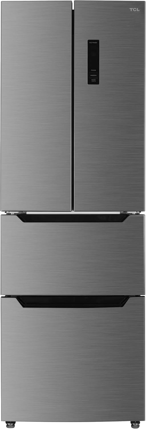 TCL 60cm Width Freestanding French Door Fridge Freezer, Frost Free, 320l Capacity, Stainless Steel Look, E Energy Rating.