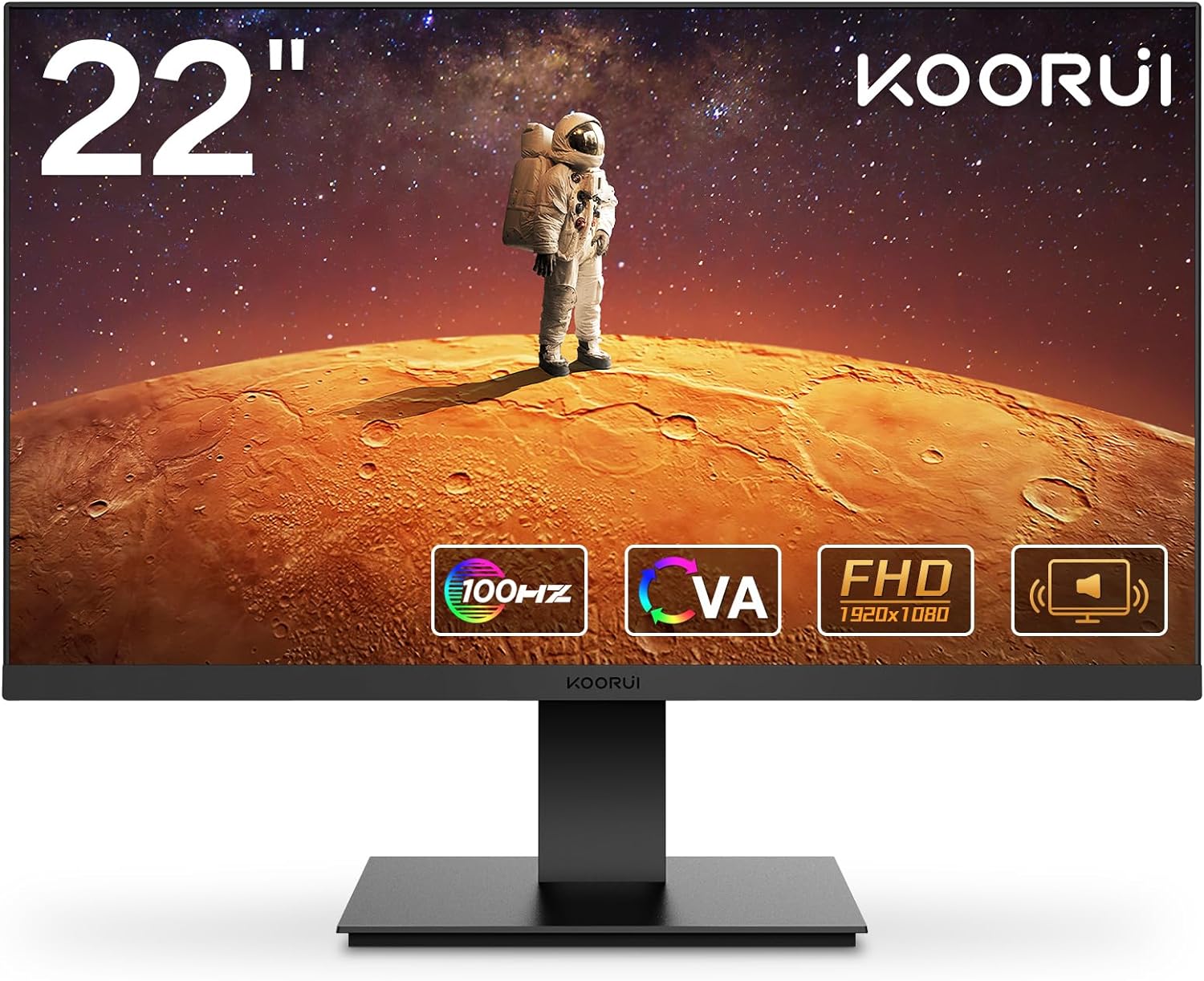 KOORUI 22 Inch FHD Monitor, 100Hz, 4ms, VA, Adaptive Sync, 1080P Screen with 2 Speakers, 1x HDMI, 1 x VGA, Low Blue Light Mode, Anti-glare, Tilt Adjustment, VESA Mountable, Black.