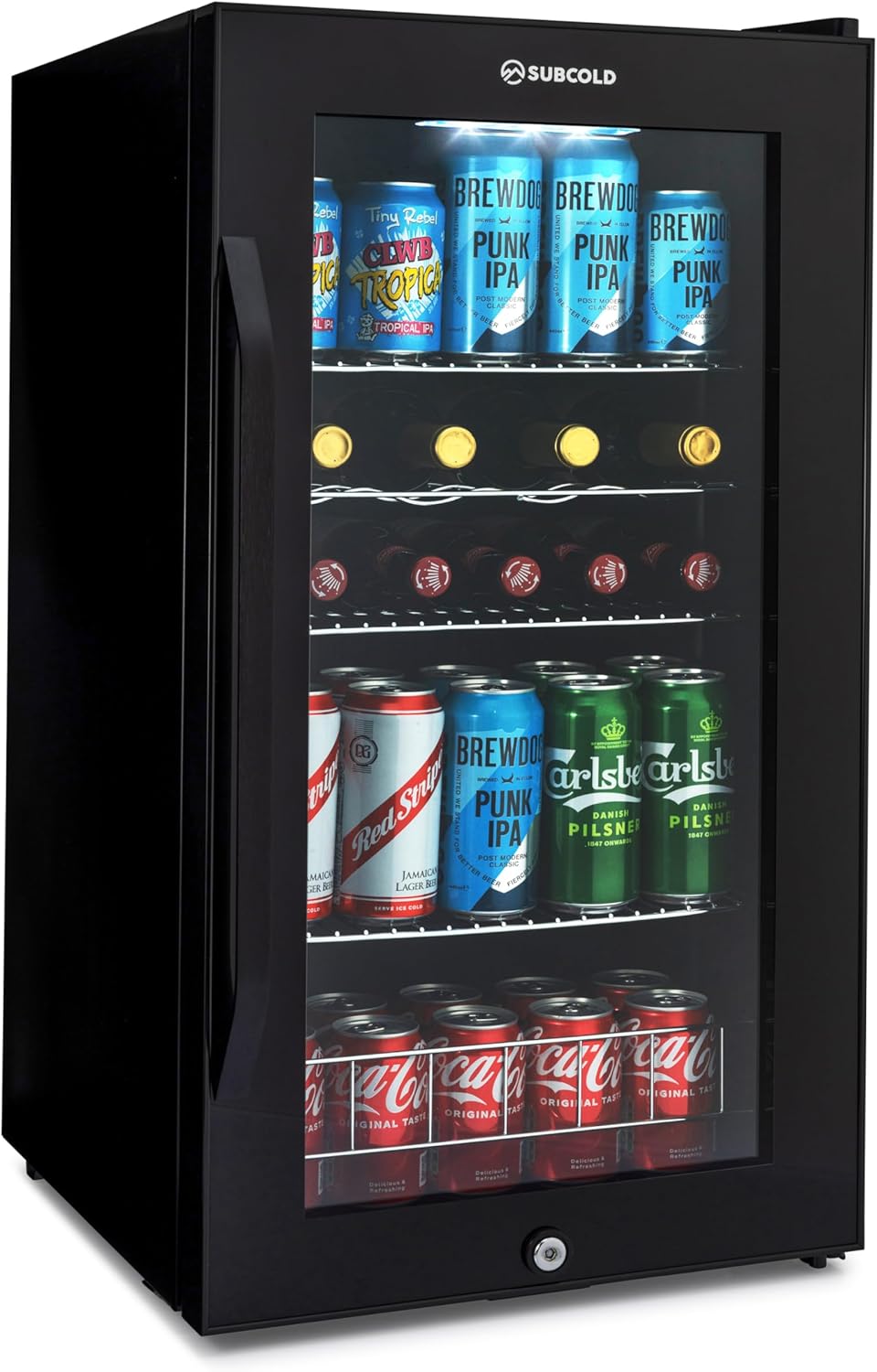 Subcold Ace90 LED Touch Control Beer Fridge With Glass Door | Premium Drinks & Wine Fridge | Black Alu Handle, Auto Defrost, Lockable | 91 Cans | Ideal for Home Bar Undercounter.