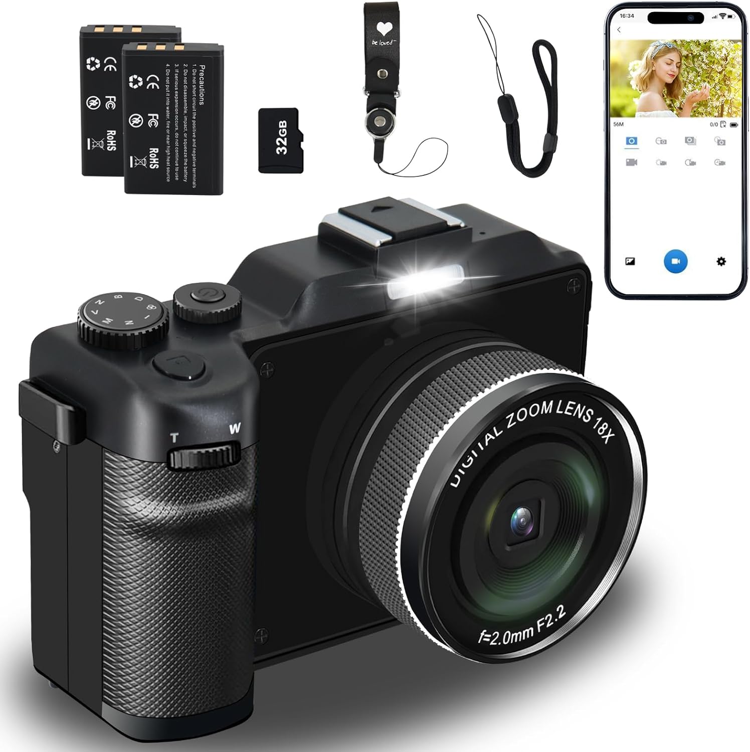 Digital Camera,4K 56MP 18X Digital Zoom Autofocus Vlogging Camera with 32G Memory Card 2 Batteries,Cameras for Photography Camcorder for YouTube.