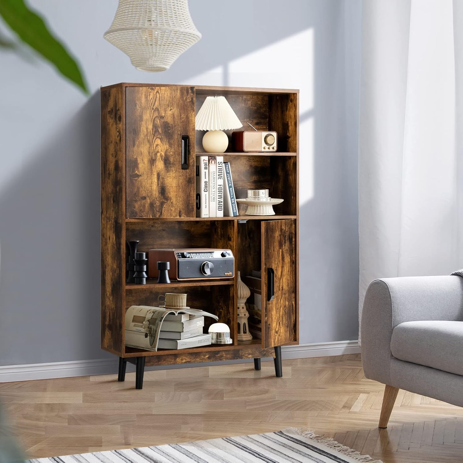 CASART Storage Cabinet, Wooden Sideboard Cupboard Bookcase, Home Office Freestanding Display Shelf (Rustic Brown, with 4 Open Units & 2 Doors).