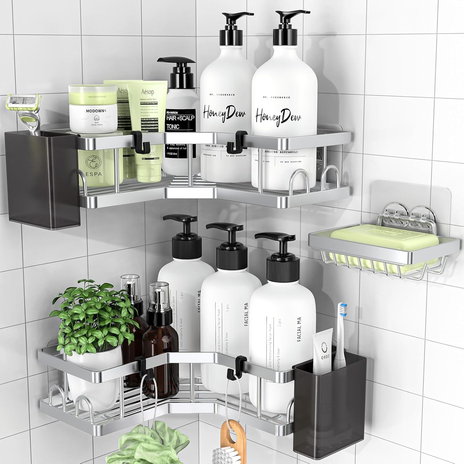 PKBD Corner Shower Caddy 3 Pack,Bathroom Storage No Drilling,shower storage with Soap Holder&Hooks&Toothpaste Holders,Bathroom or Kitchen,Rustproof Stainless Steel suction bathroom accessories,Black.