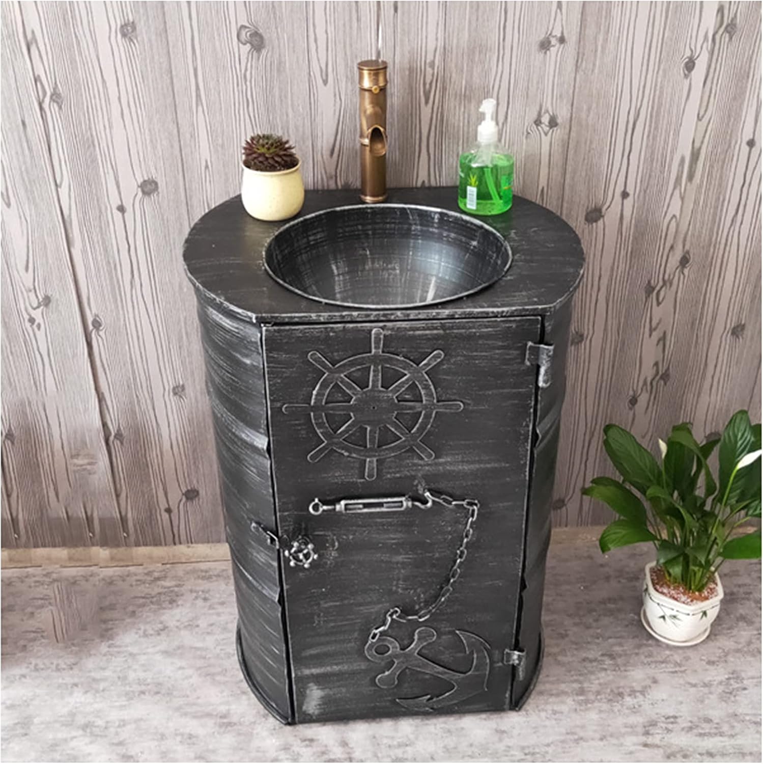 GLETSF Industrial Style Vanity Unit with Basin, Modern Basin Cupboard with Faucet and Drain Free Standing Bathroom Storage Cabinet Under Sink 22.8 x 17.7 x 35.4in,Silver,+ Faucet (Silver #NAME?).