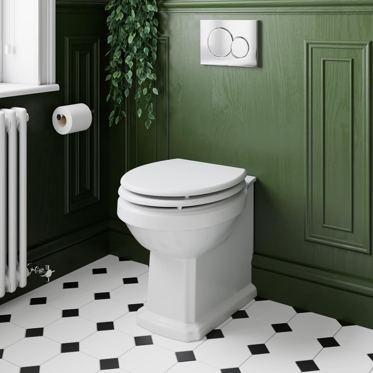 Traditional Back to Wall BTW Toilet Soft Close Seat White Gloss Bathroom.