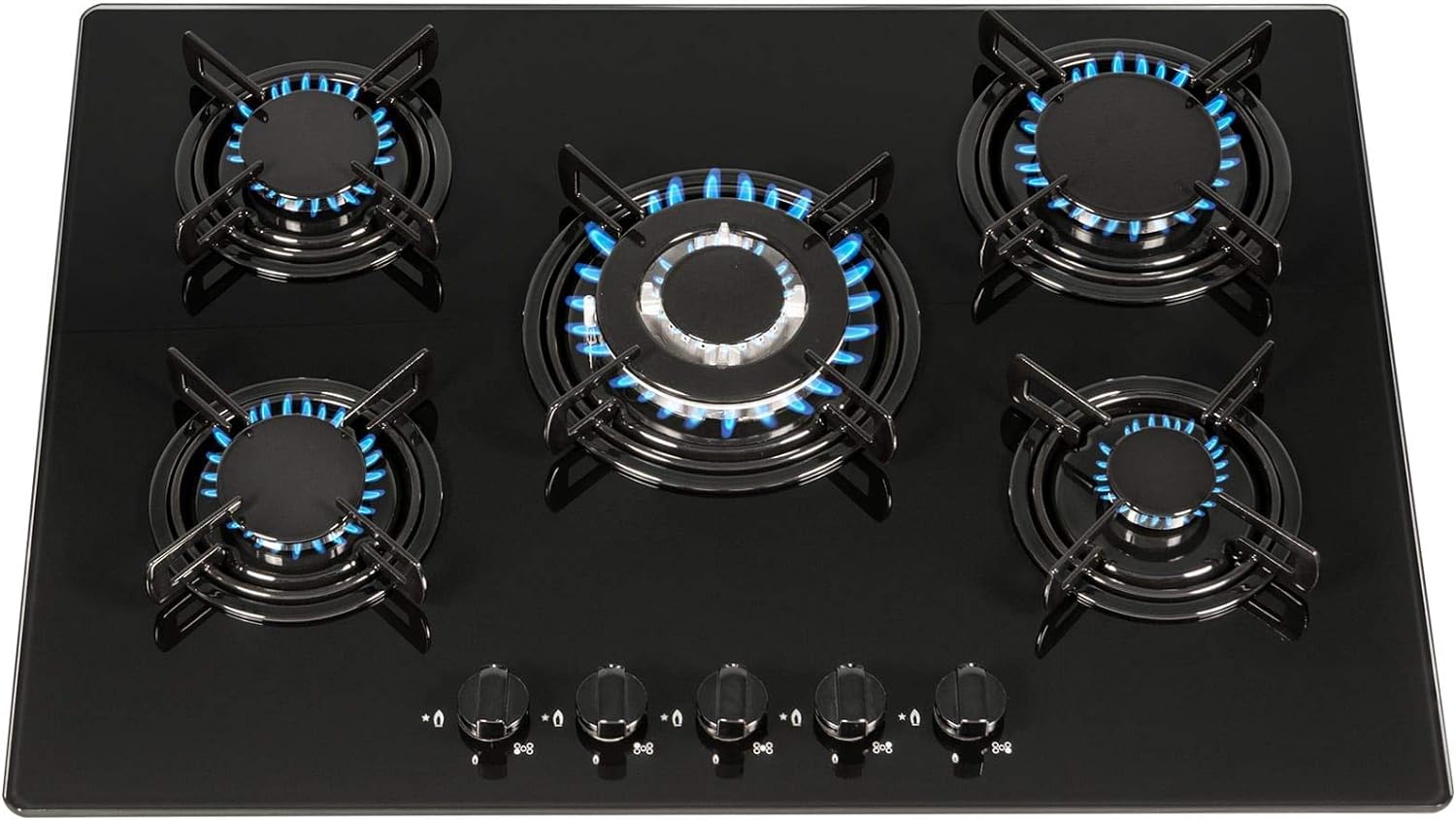 SIA GHG713BL 70cm Black Glass 5 Burner Gas Hob With Enamel Stands & Wok Burner.