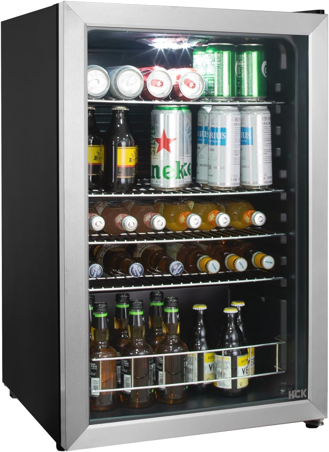 HCK 48L Mini Fridge with Glass Door, 0-15°C Cooling Zone and 2 Shelves, Compact Beverage Fridge for Bar and Living Room.