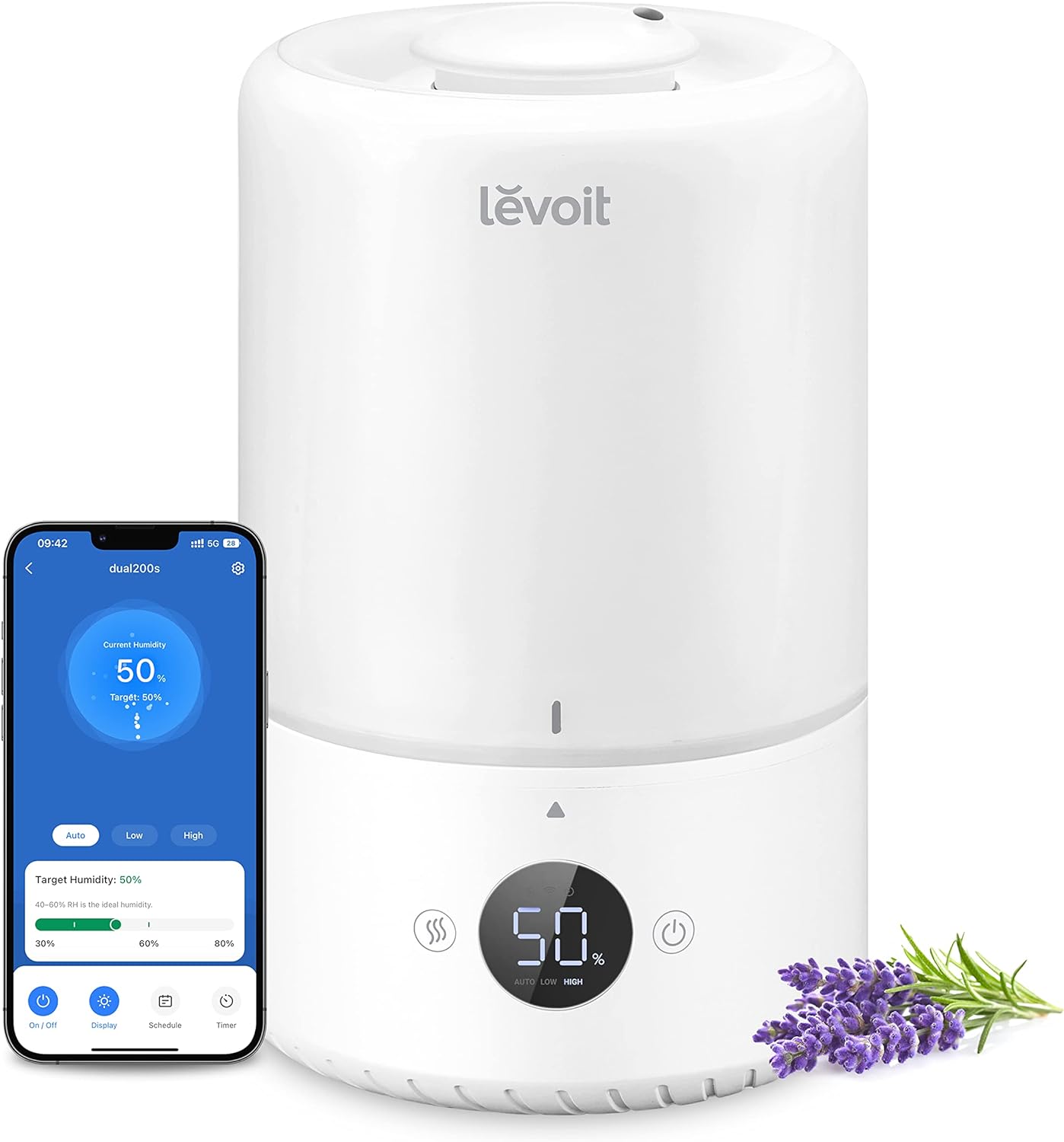 LEVOIT Humidifiers for Bedroom 3L, Top-Fill Cool Humidifier for Baby Room & Home, Smart Control with Humidity for Plants, Quiet Operation with Auto Mode, Essential Oil, Shut-Off, Up to 25H for 27 ㎡.