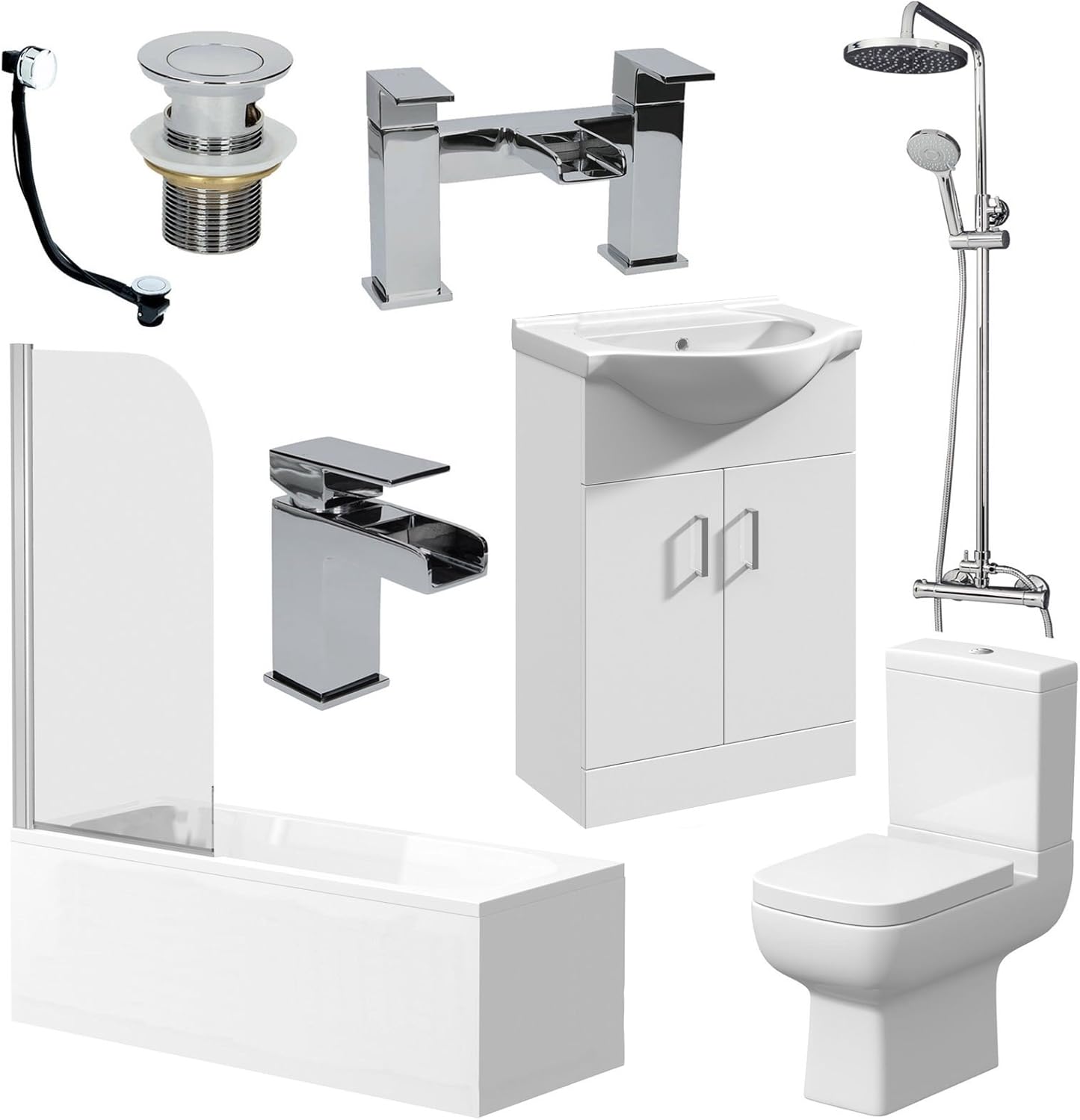 Complete Bathroom Suite Package 1500mm Straight Bath Toilet WC Basin 550mm Vanity Unit 6mm Screen Front Panel Shower Tap and Waste Set.