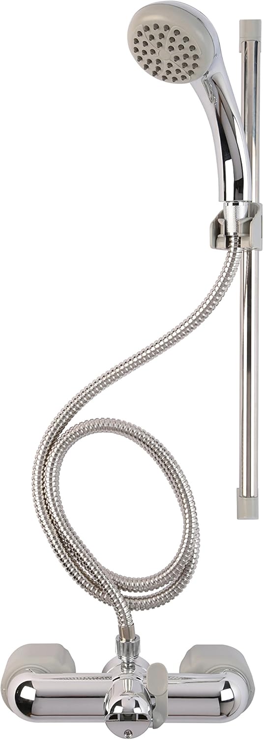 Croydex Bar Mixer Shower Set with 1500mm Flexi-Tube Hose, One Function Shower Head, Riser Rail, Easy Installation, Suitable for Round Taps, Chrome Plated.