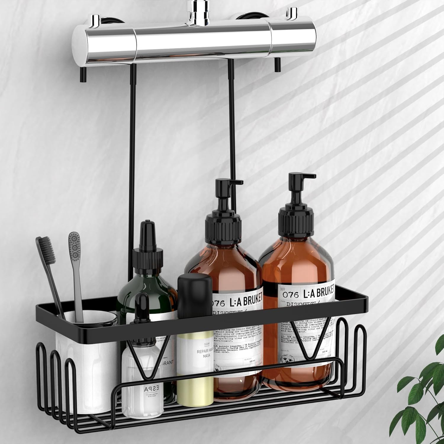 Kegii Shower Caddy, Bathroom Shelf Organiser No Drilling, Adhesive Shower Storage Rack with Soap Razor Holder, Bathroom Accessories, Black, 3 Pack.