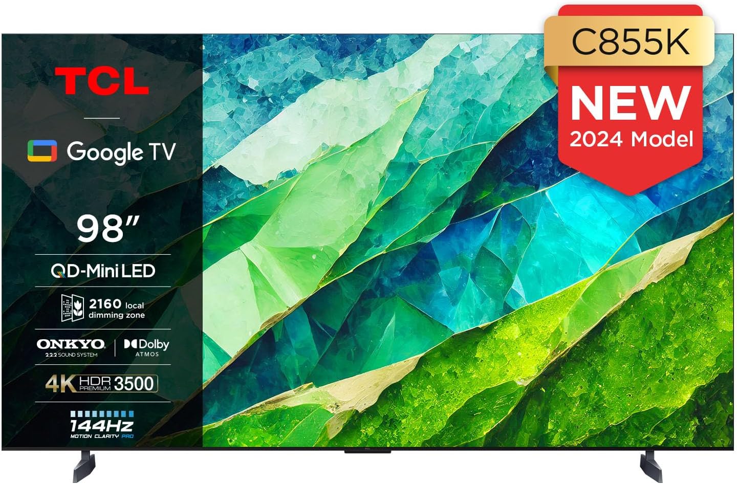 TCL 98C855K 98-inch QLED Mini LED TV, QLED PRO, 4K HDR Premium 3500nits, Smart TV Powered by Google TV (Dolby Vision & Atmos, Onkyo 2.2.2 sound system, 144Hz Motion Clarity Pro).