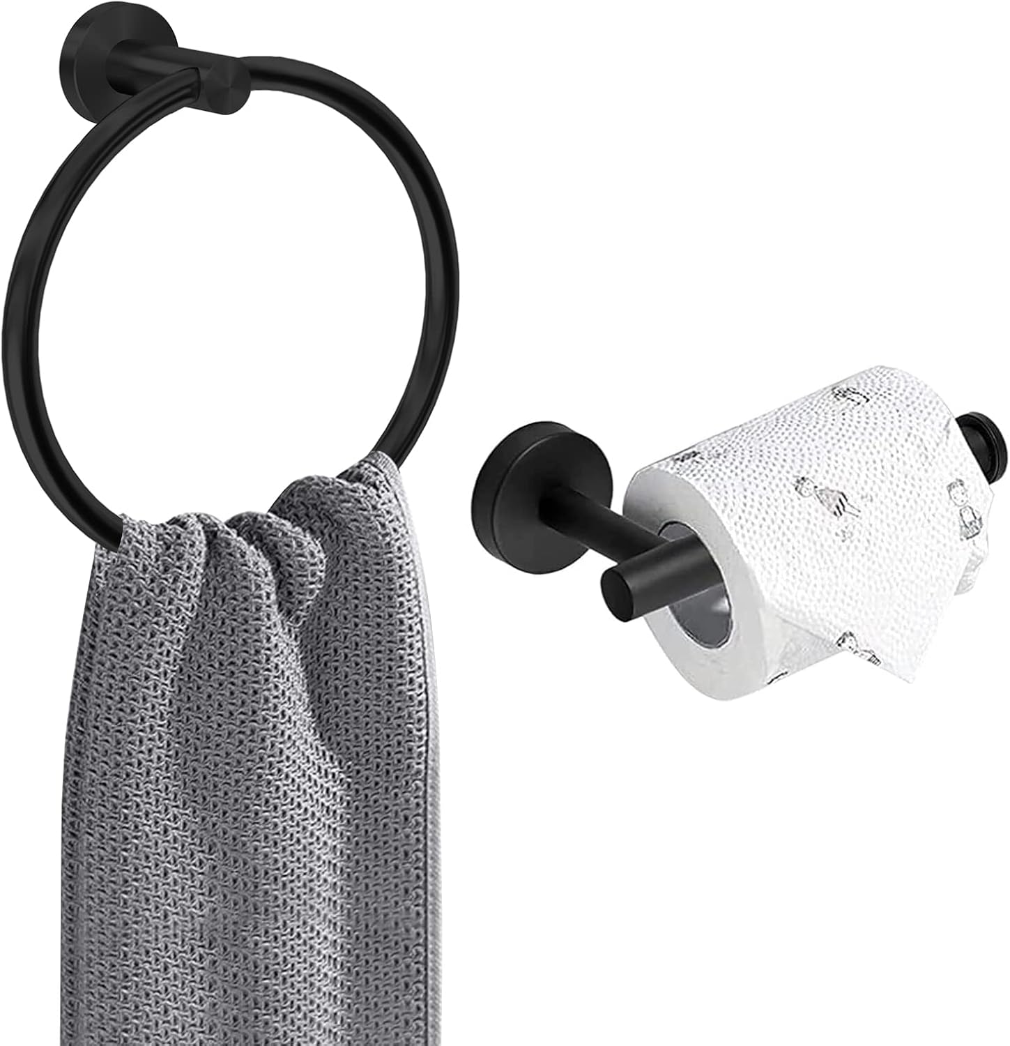 AMMIY Toilet Roll Holder Towel Ring, Wall Mounted Toilet Paper Holder, 2 Pieces Classic Stainless Steel Bathroom Accessories, Matte Black.