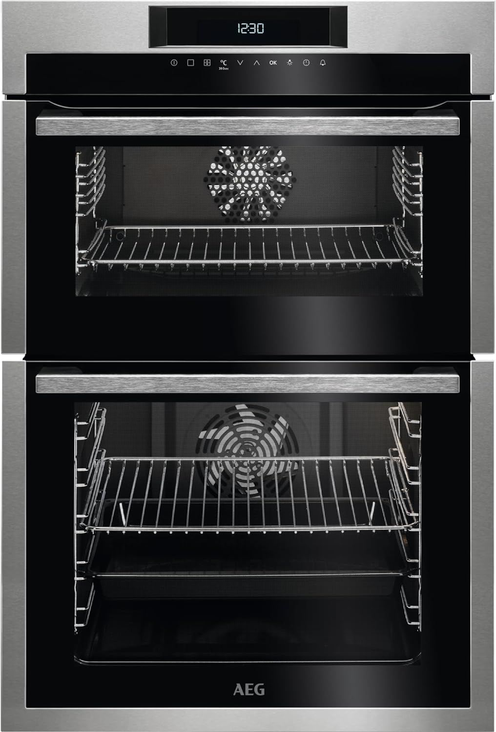 AEG 6000 SurroundCook Built-In Double Oven DCE731110M, 61L Capacity, 875x560x550 mm, Multilevel Cooking, Antifingerprint Coating, Catalytic Cleaning, LCD Display, Stainless Steel.