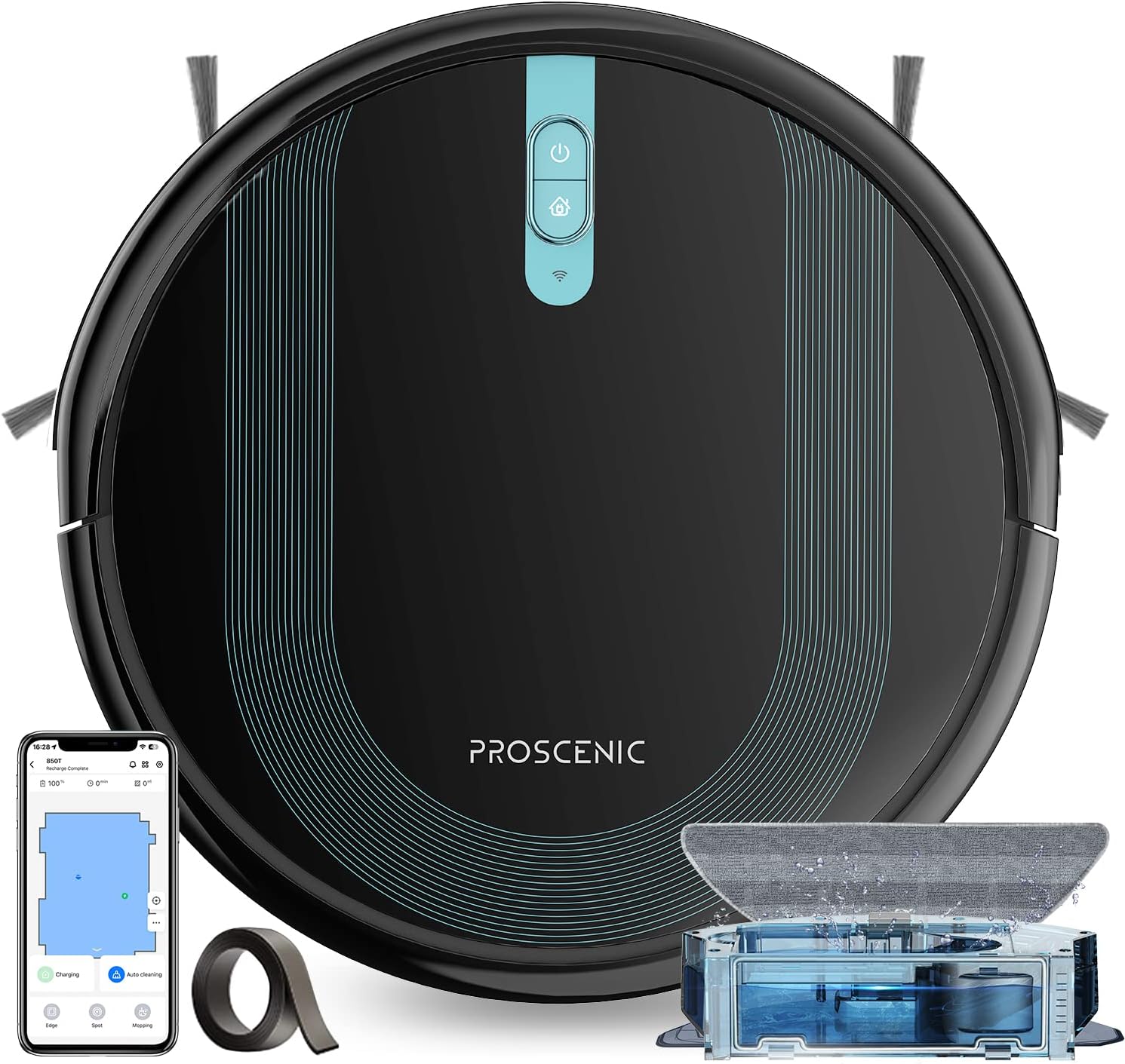 Proscenic 850T Robot Vacuum Cleaner with Mop,3000Pa Strong Suction Robotic Vacuum with Mop, Wifi/App/Alexa/Remote Control, Automatic Self-Charging,Ideal for Pet Hair,Hard Floor&Carpet,7.3cm Thin,Black.