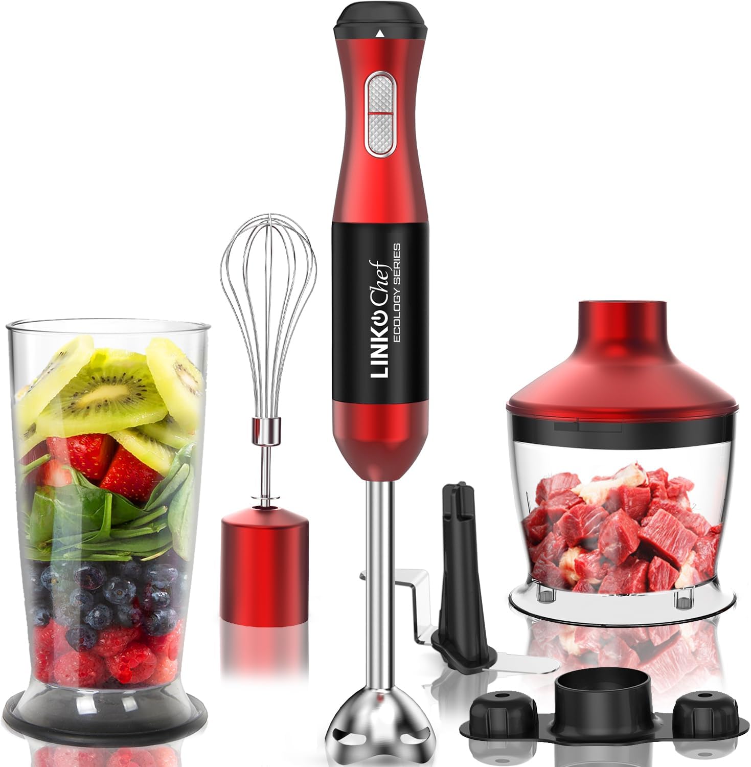 LINKChef Hand Blender, 500W 5 in 1 Stick Blender, Powerful 20 Speed Immersion Blender with Beaker, Egg Whisk, Food Chopper, Ice Crush Blade, Hand Blender for Kitchen Soup, 3-Year Warranty.