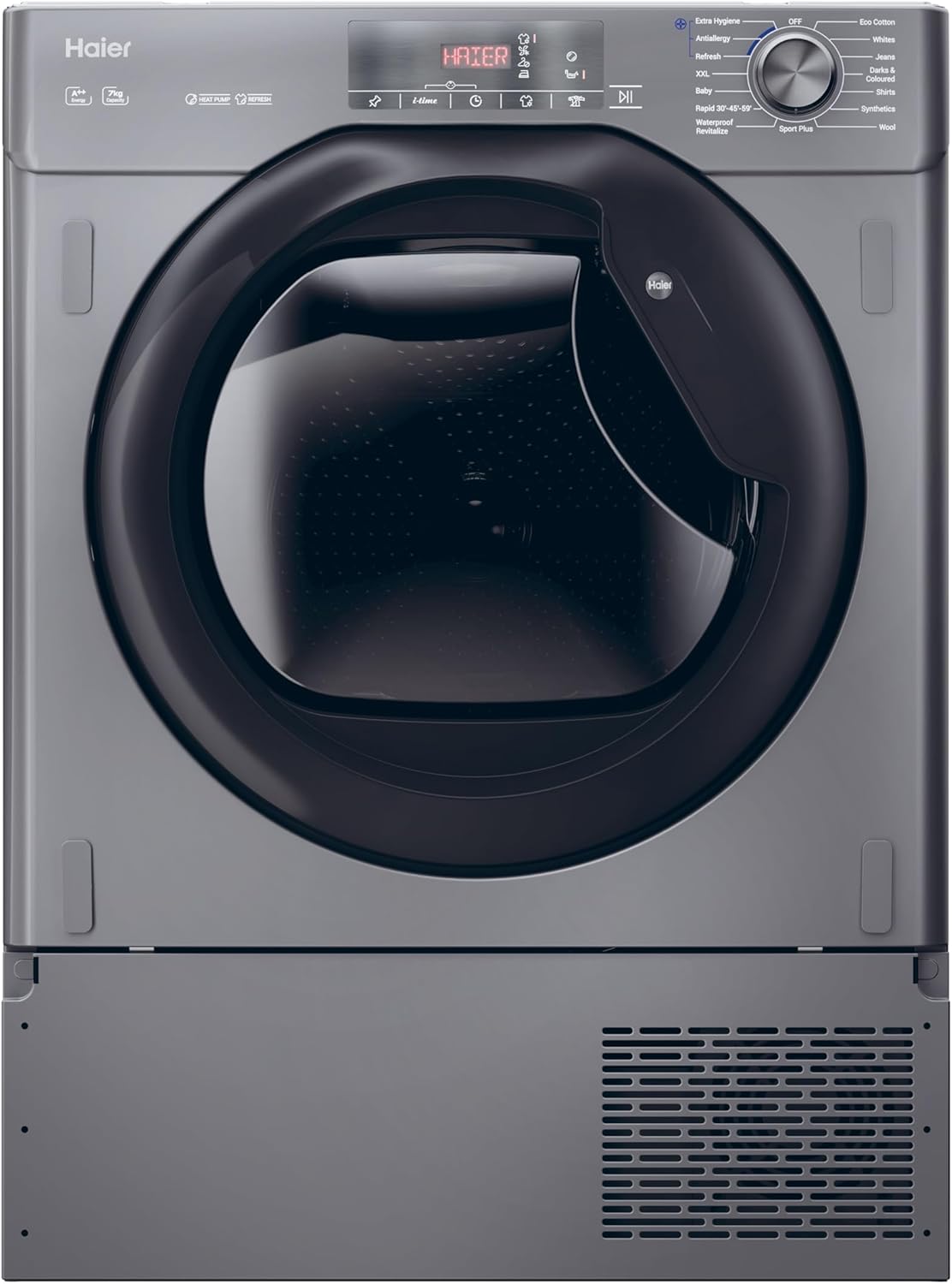 Haier HDBI H7A2TBEX-80 7kg Integrated Heat Pump Tumble Dryer, A++ Rated, White & Black.