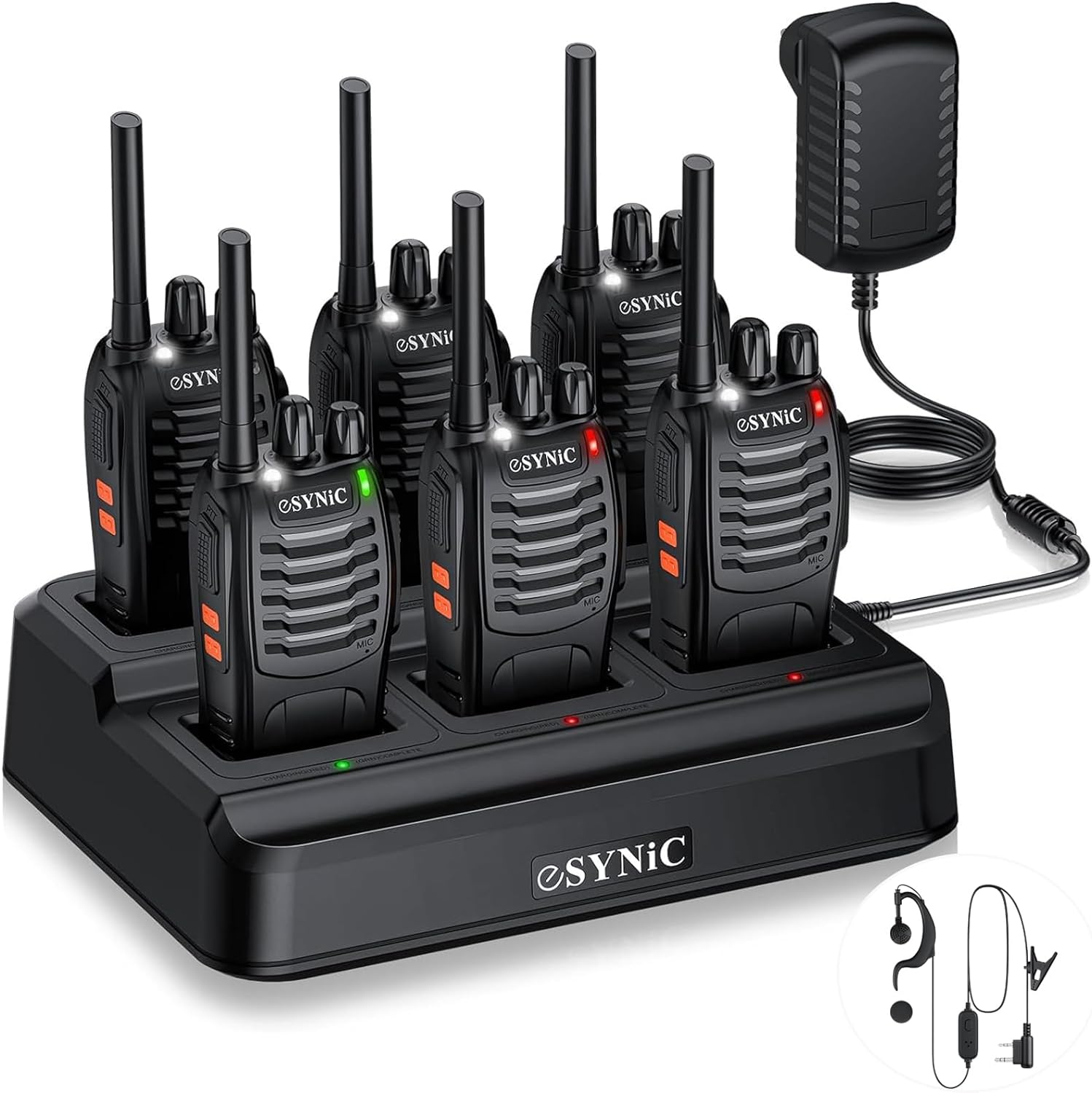 eSynic 6Pcs Walkie Talkies for Adults Professional Walkie Talkies 2 Way Radio Walkie Talkies Rechargeable Walky Talky With Original Earpieces & Charge Base Support 16CH & VOX Function for Work etc.