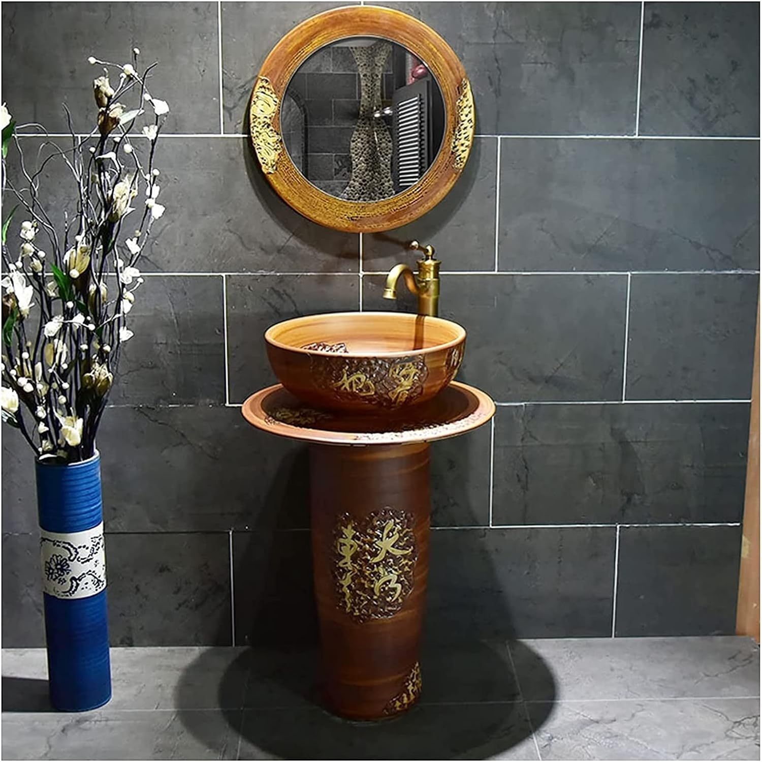 Art Bathroom Basin Sink with Full Pedestal, Pedestal Basin Round Freestanding Sink Pedestal Lavatory Sink Ceramic wash Basin.