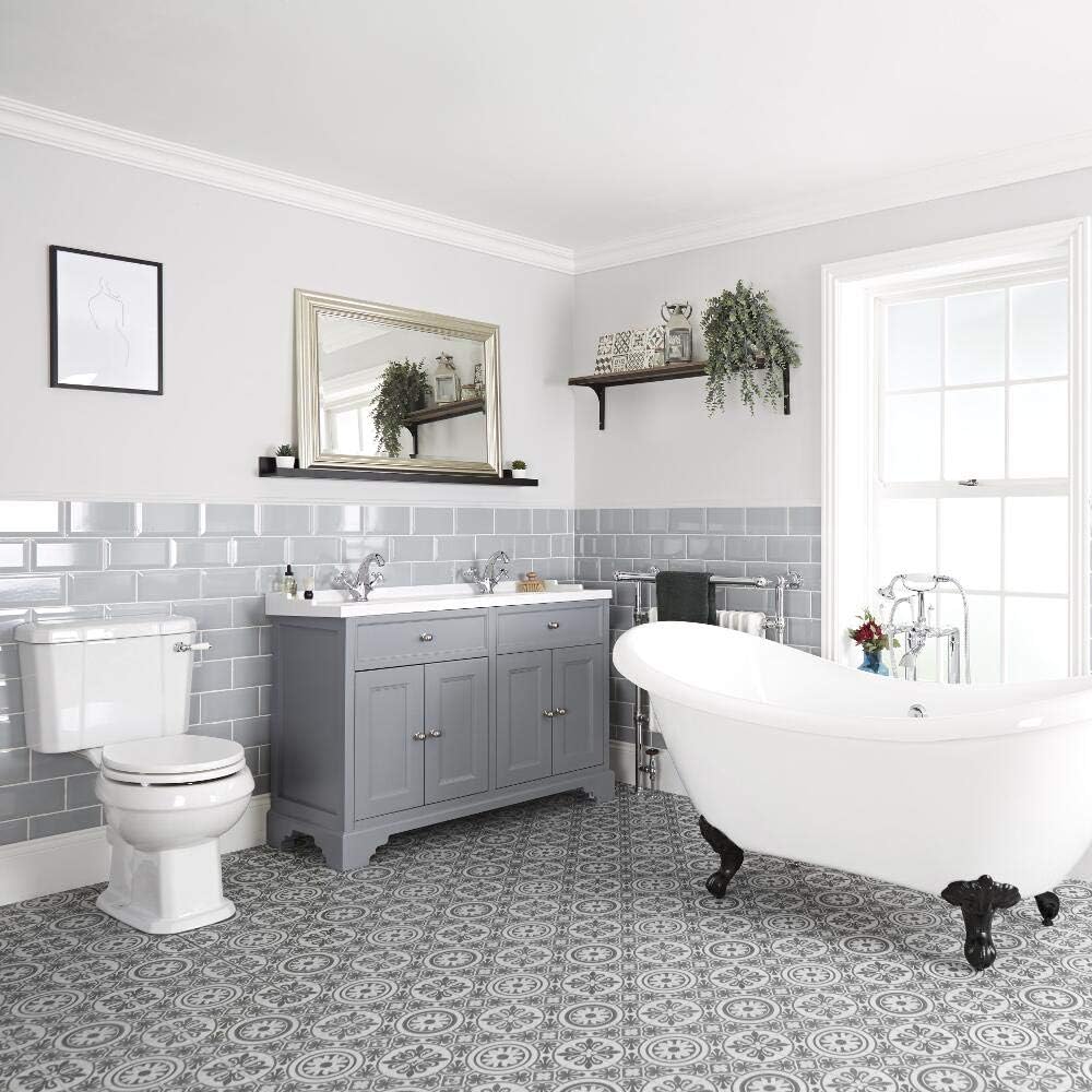 Milano Thornton - Traditional Light Grey Bathroom Suite with Freestanding Double Ended Slipper Bath and White Ball & Claw Feet, 1210mm Vanity Unit and Close Coupled Toilet WC.