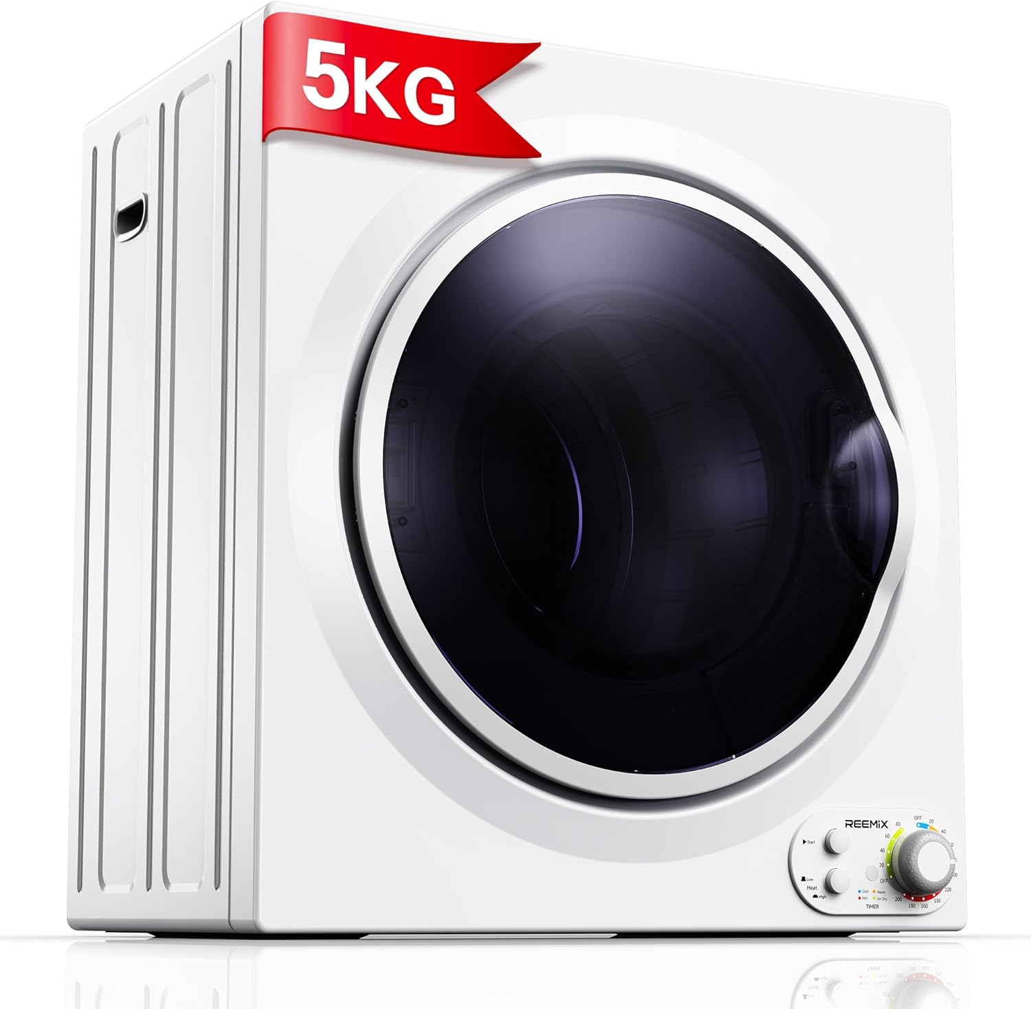 5KG Vented Tumble Dryer with Sensor Dry, Reemix 1400W Compact Tumble Dryer with Stainless Steel Tub, Control Panel Downside Easy Control for 5 Automatic Drying Mode, White.