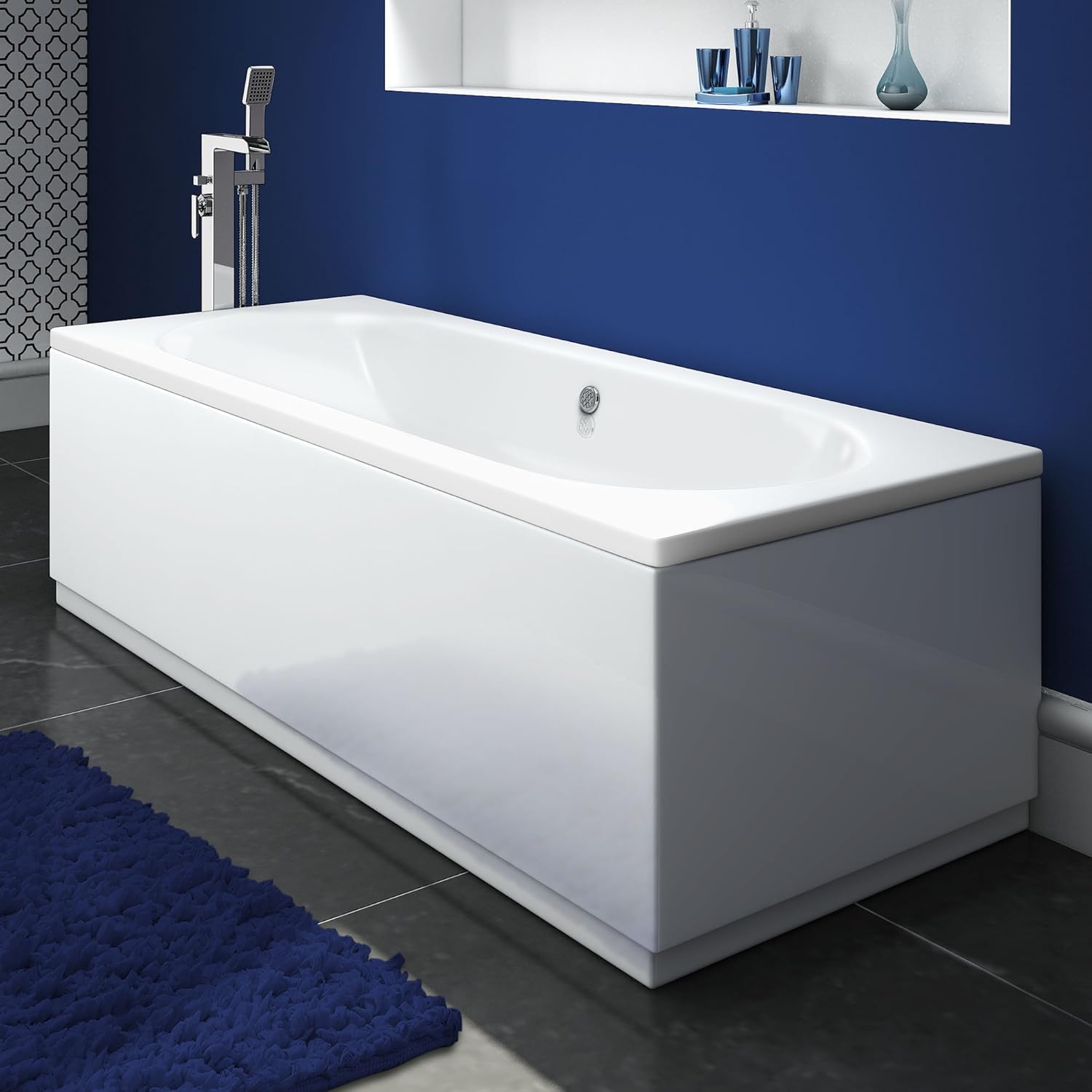 IBathUK Bathroom White Gloss Bath Double Ended Straight Round Acrylic Bathtub with Adjustable Feet - 1800 x 800mm.