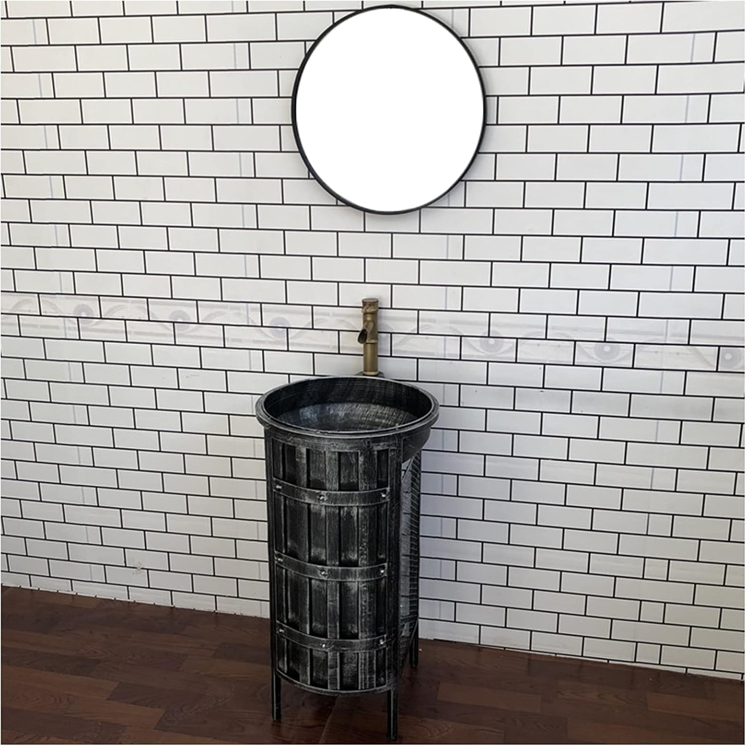 SmPinnaA Industrial Style Vanity Unit with Basin, Modern Basin Cupboard with Faucet and Drain Free Standing Bathroom Storage Cabinet Under Sink,Black,With mirror.