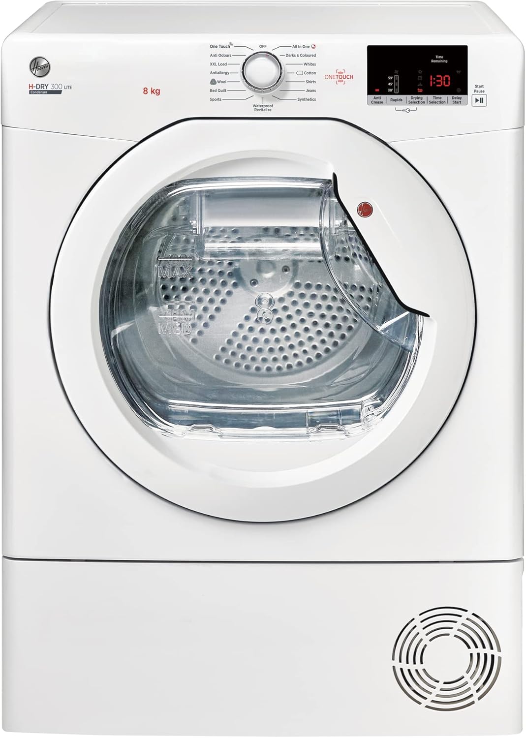 Hoover HLEC8DE H-Dry 300 8kg Condenser Tumble Dryer, Aquavision, White, Sensor dry, NFC.