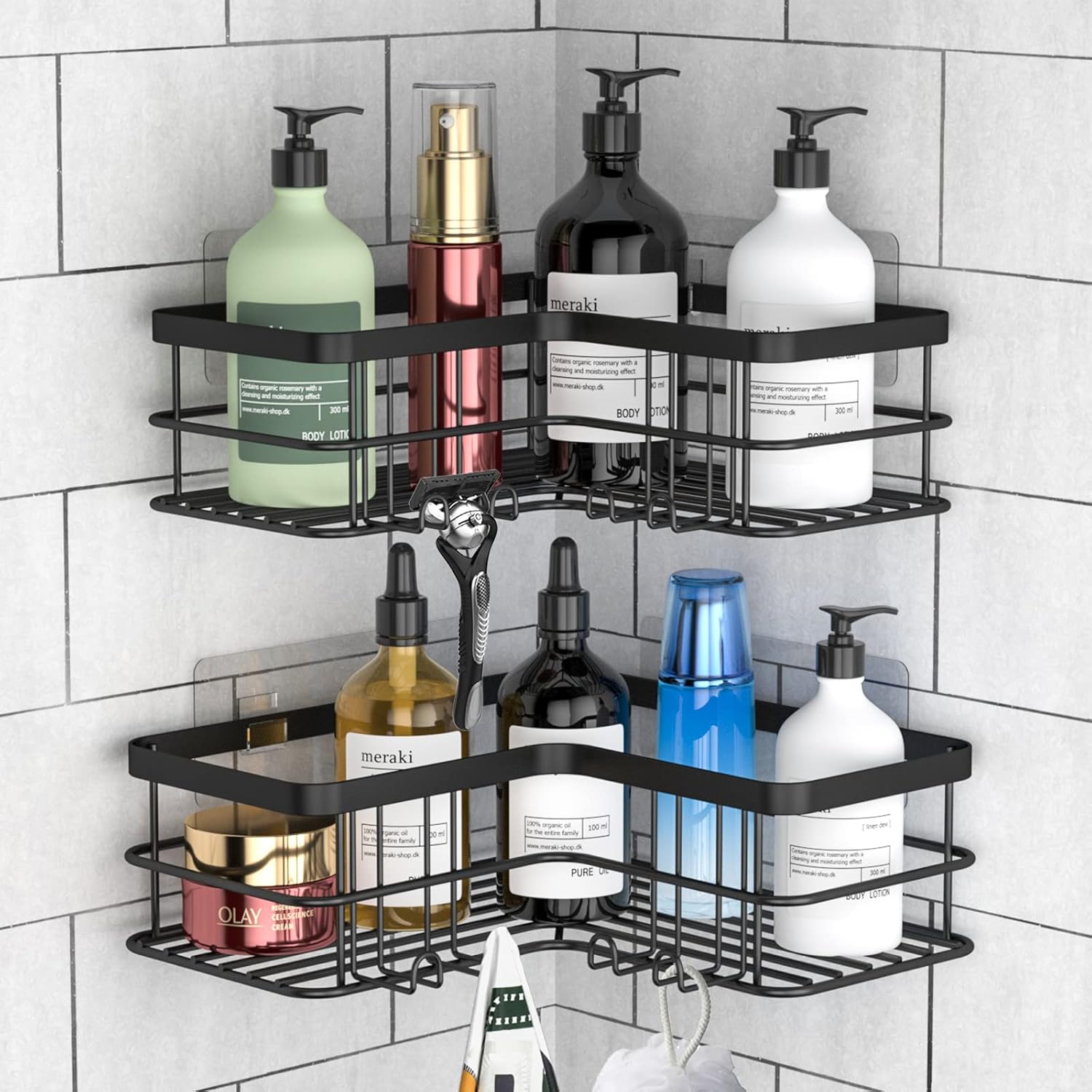 Yazoni Corner Shower Caddy, Adhesive Shower Shelves No Drilling [2-Pack], Rustproof Stainless Steel Bathroom Shower Organizer Wall Mounted with 8 Hooks (Black).