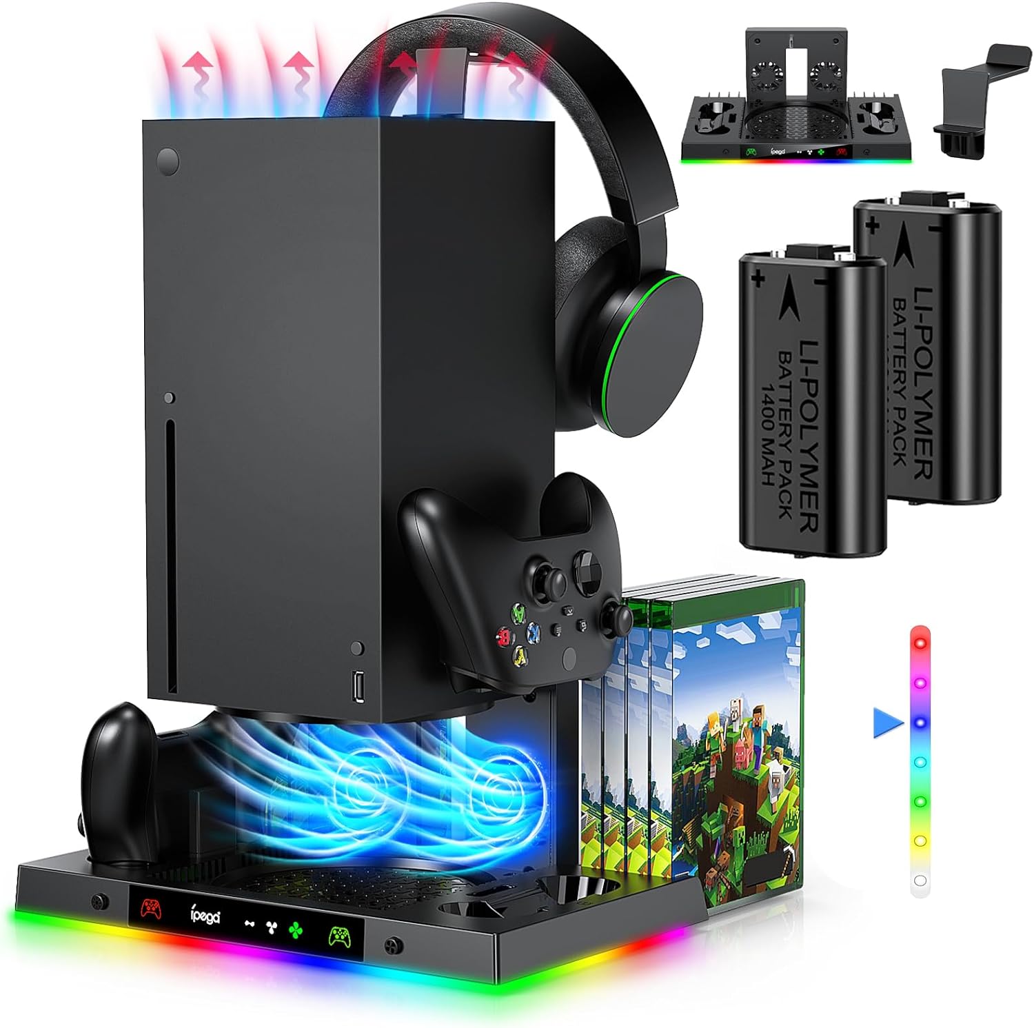 LED Cooling Stand and Charging Station for Xbox Series X Console ＆ Controller, Cooling Fan Station for Xbox Series X Accessories with 2x 1400mAh Rechargeable Controller Battery Pack, 15 Light Modes.