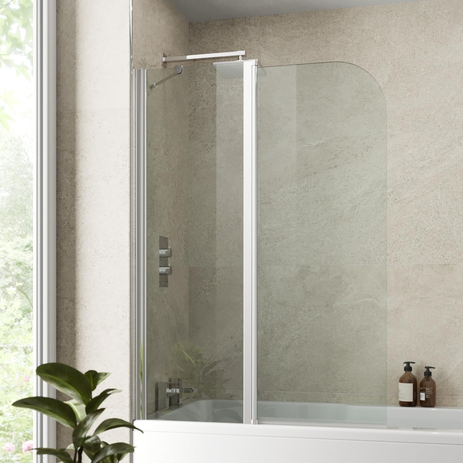 Modern Bathroom Bath Shower Screen 2 Section Curved Chrome 1000mm Reversible 6mm Safety Glass.