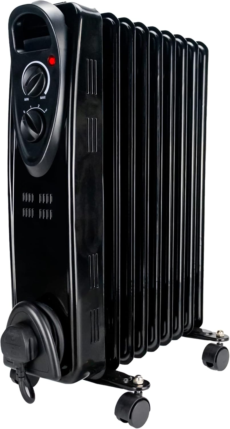 OIL Filled Radiator 9 Fin Black Heater Electric 2KW Free Standing Portable Oil Radiator with Thermostat - 3 Heater Settings, Built in Safety Features.