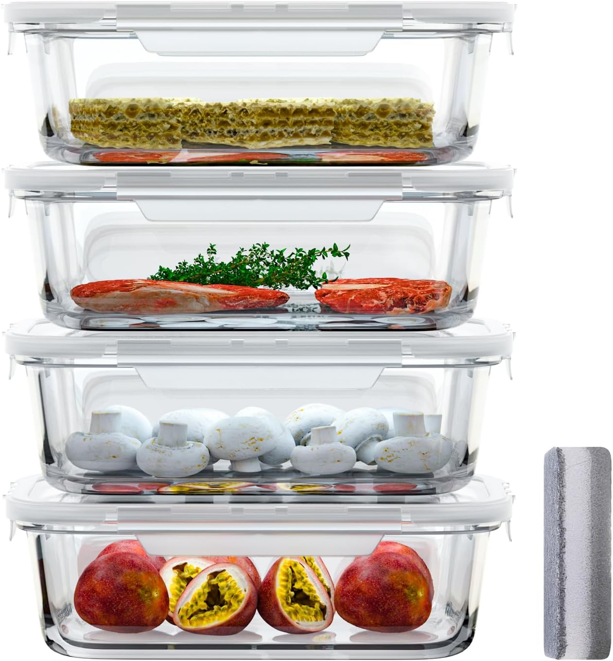 Bstask 4pc Glass Meal Prep Containers Set, Airtight Glass Storage Containers with Lids, Glass Food Containers with Snap Lock Lids, Glass Food Storage Containers, BPA-free, for Meal Prep & Baking.