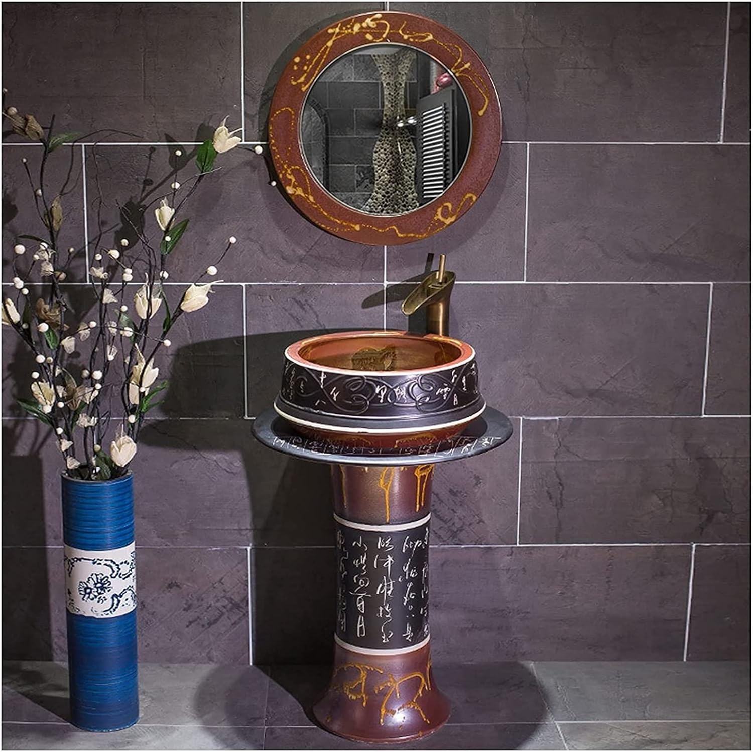 Art Bathroom Basin Sink with Full Pedestal, Bathrooms Ceramic Luxurious Pedestal Basin Round Freestanding Sink Pedestal Lavatory Sink.